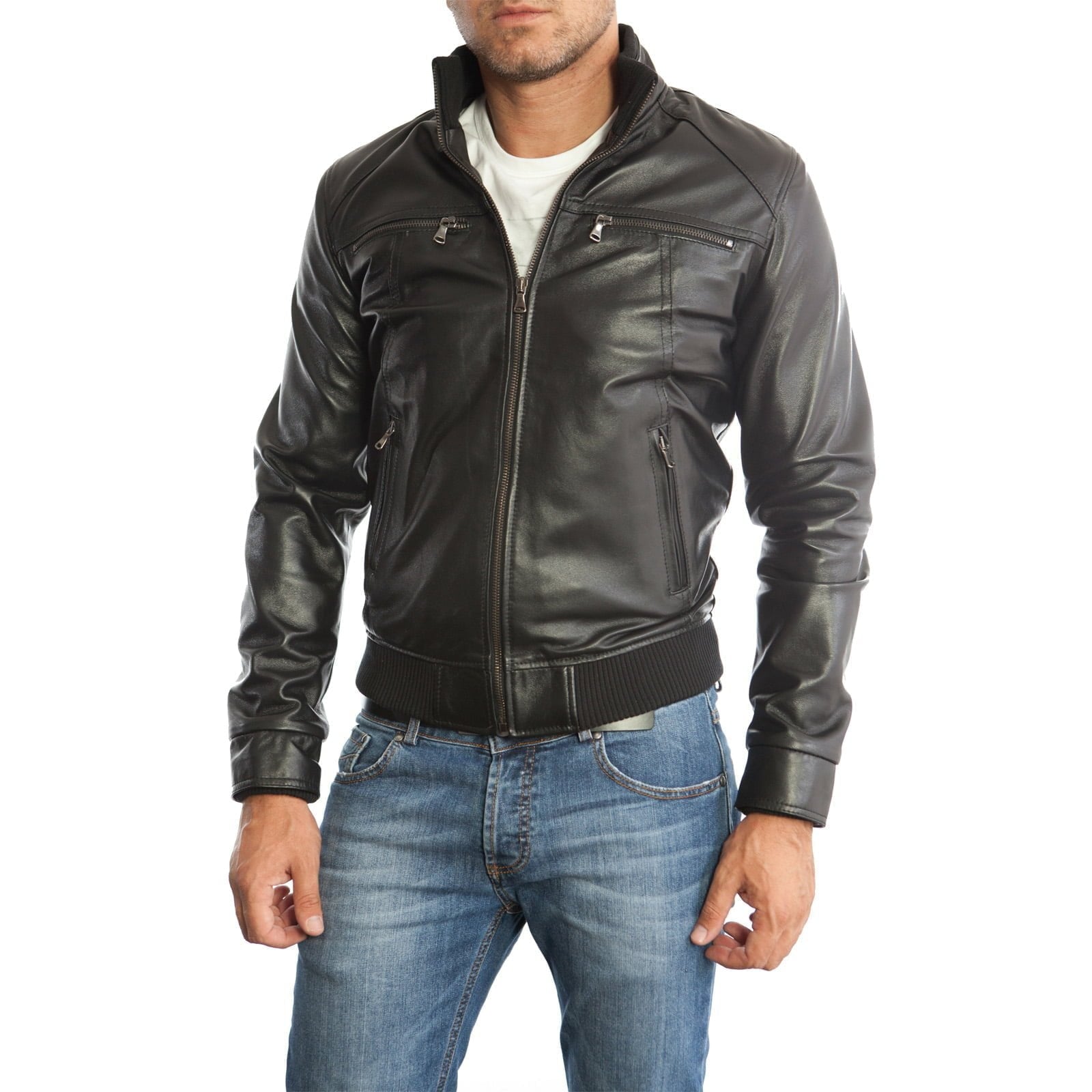 Men's Brown Genuine Leather Bomber Jacket with Chest Zippers and Rindway Pockets