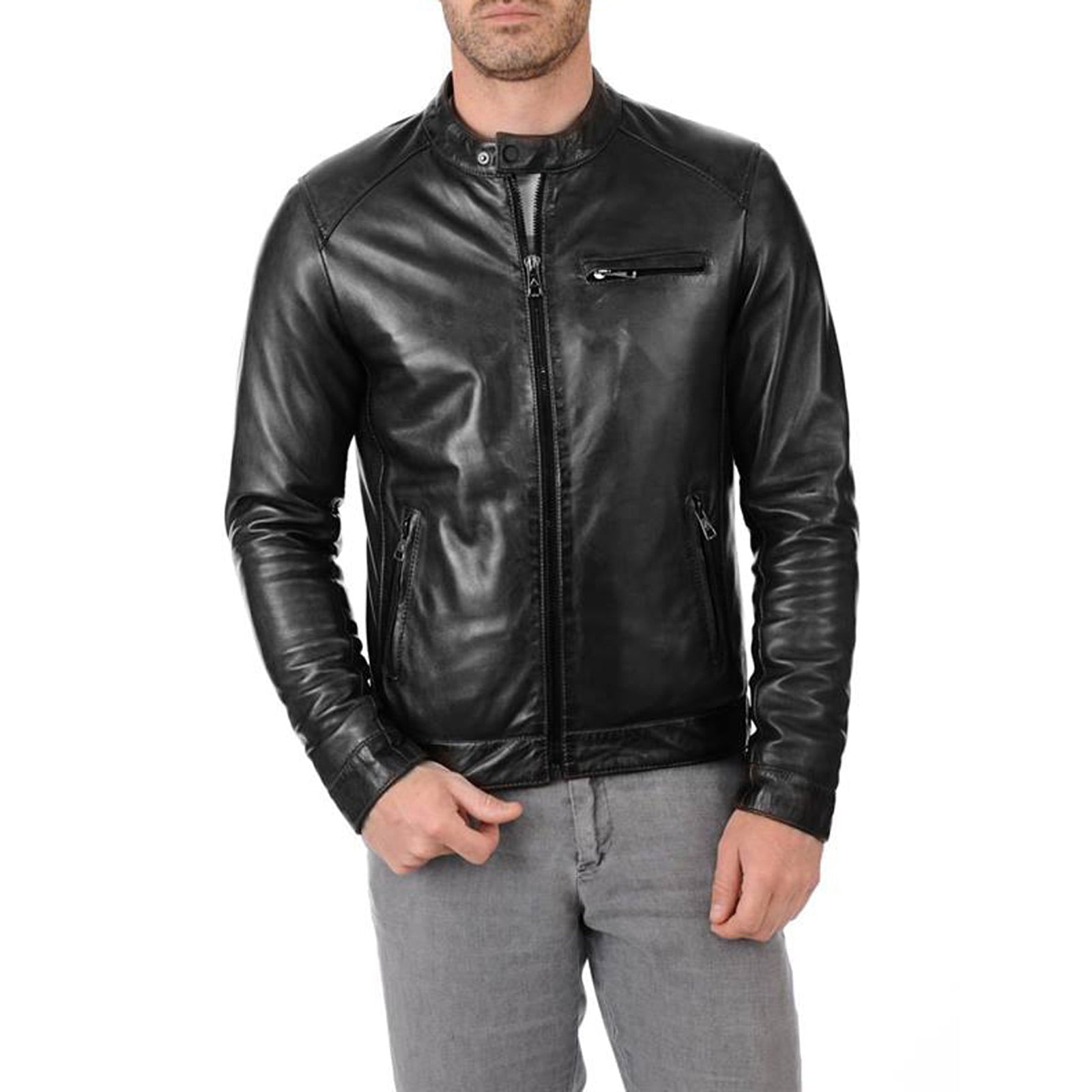 Slim Men's Black Genuine Leather Biker Jacket Chest Zipper With Rindway Frisetto