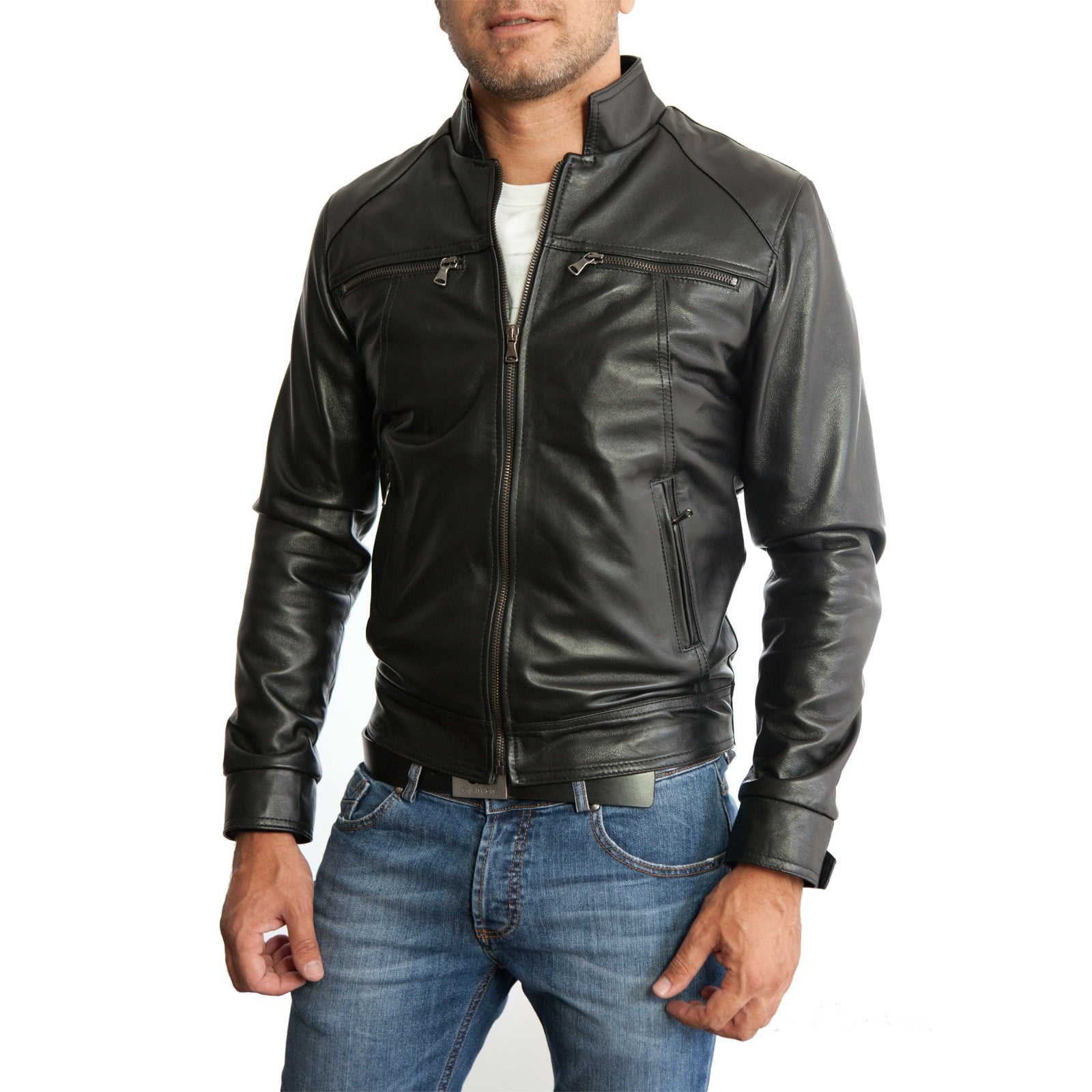 Men's Genuine Leather Biker Jacket Slim Four Pockets Rindway Outlet