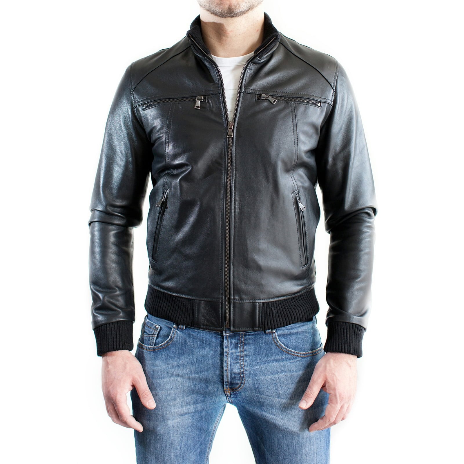 Men's Black Genuine Leather Bomber Jacket with Four Rindway Zipper Pockets