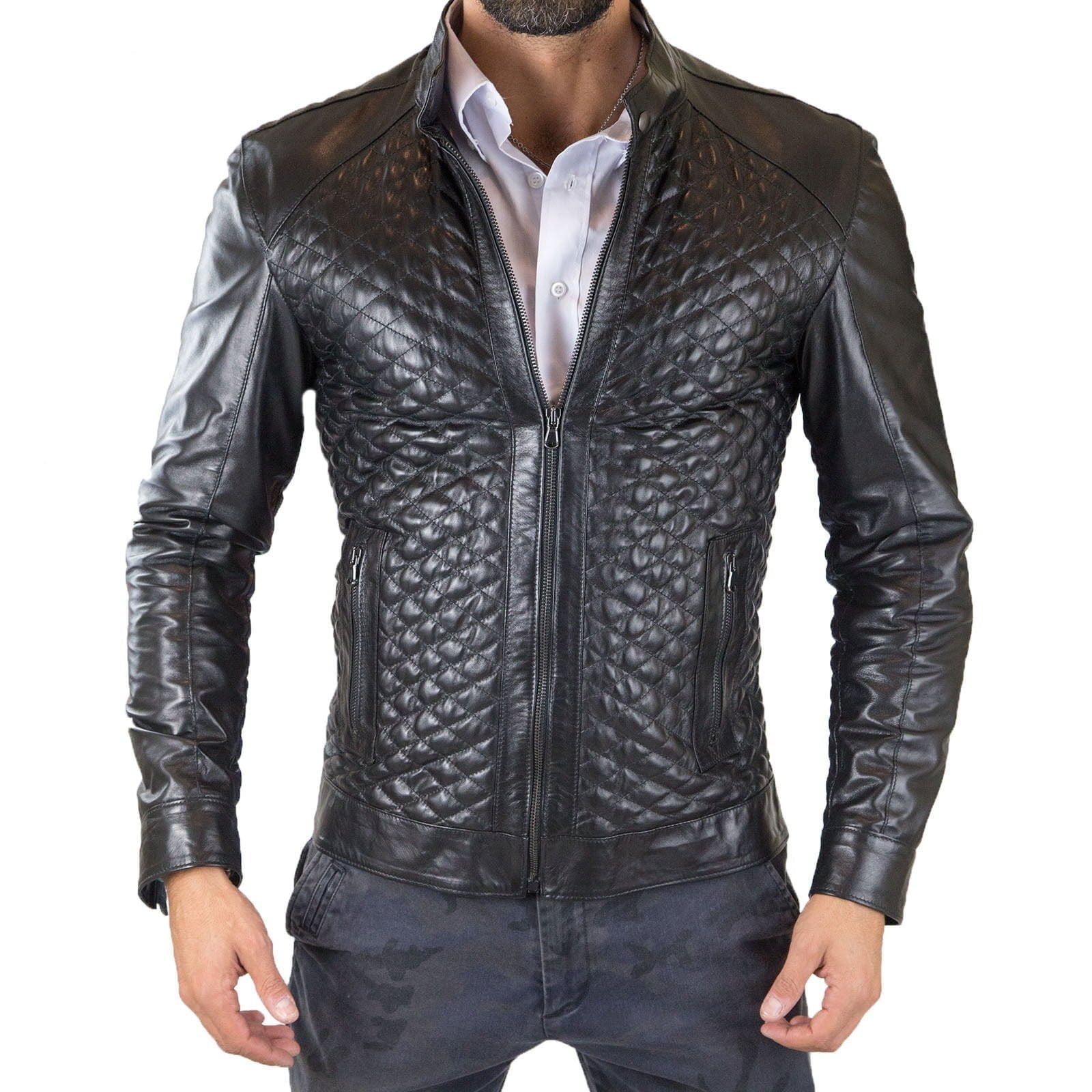 Giacca Biker In Vera Pelle Nera Uomo Slim Trapuntato Rombi Piccoli Rindway