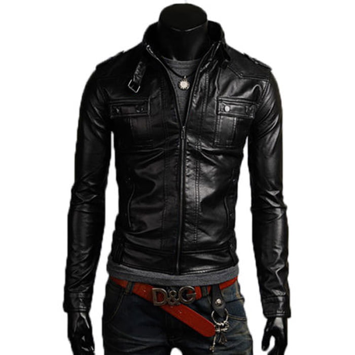 Rindway Men's Black Genuine Leather Biker Jacket Slim Front Pockets Buttons