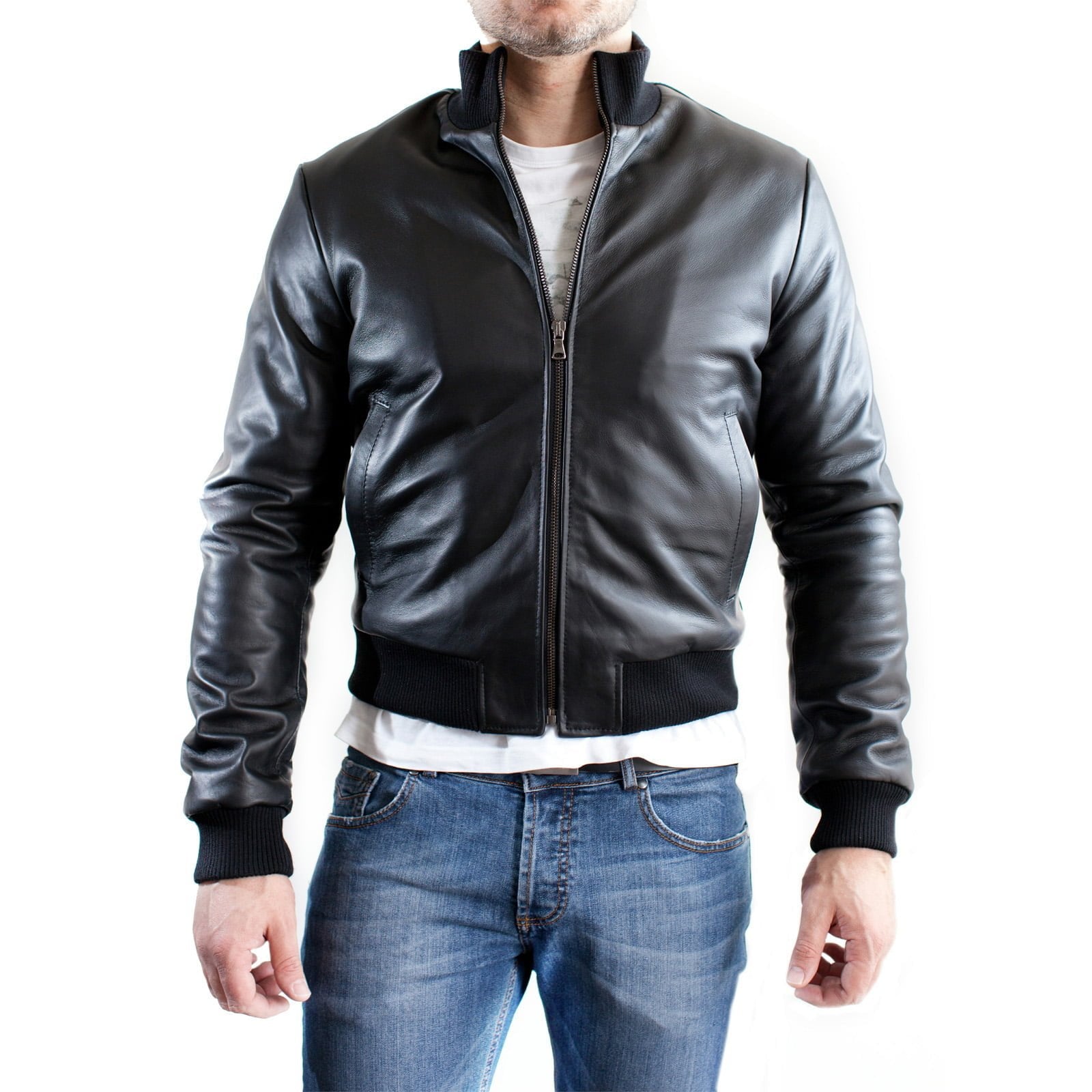 Bomber Giubbotto In Vera Pelle Uomo Slim Collo e Polsi In Lana Outlet Rindway