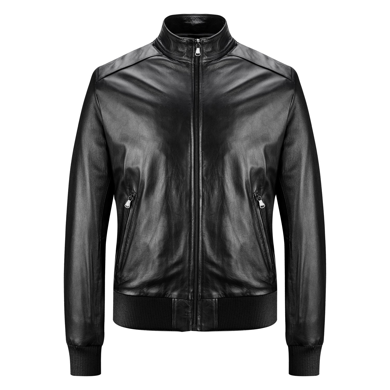 Rindway Men's Black Genuine Leather Bomber Jacket Slim College Collar