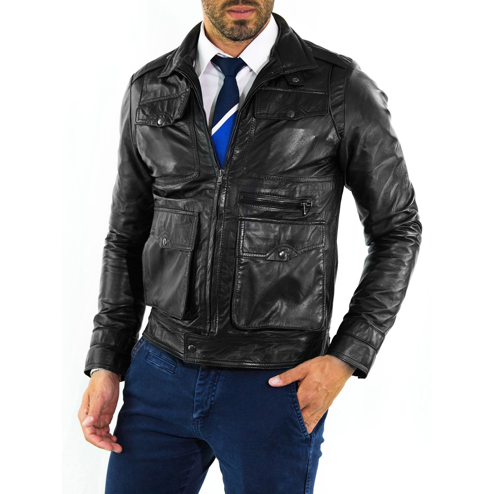 Giacca Biker In Vera Pelle Uomo Slim Con Tasconi Frontali Outlet Rindway