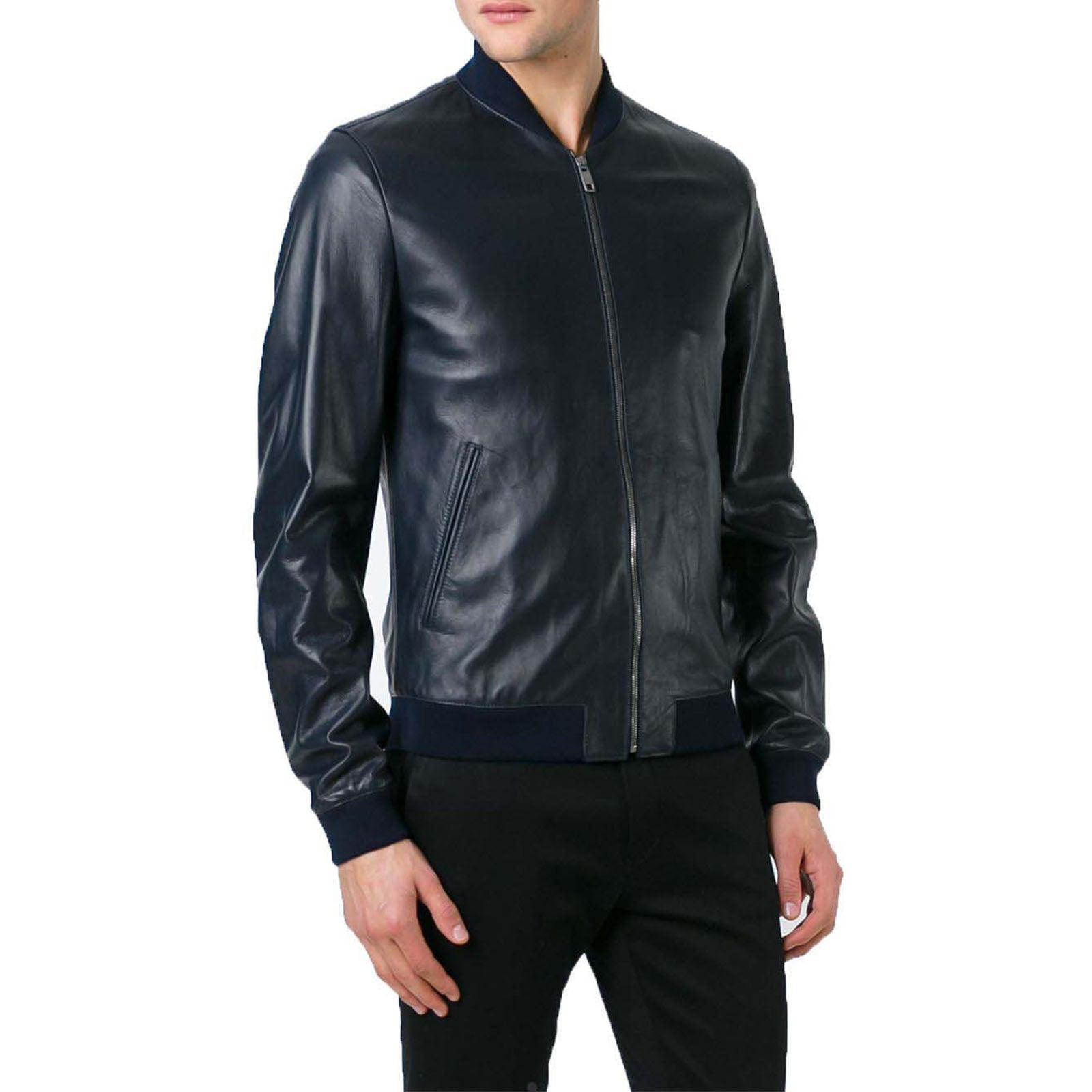 Giubbotto Bomber In Vera Pelle Blu Uomo Collo College Basso Rindway cod.064