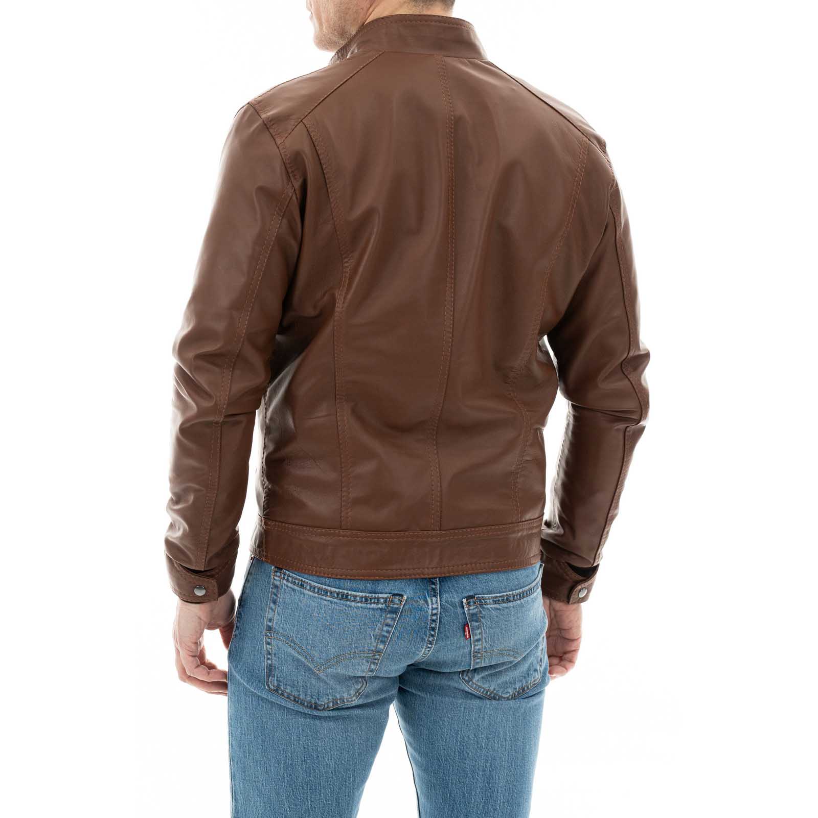 Rindway Slim Men's Genuine Leather Biker Jacket with Four Pockets