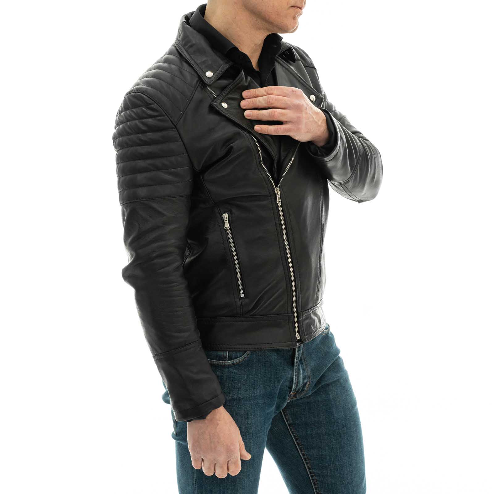 Biker Nail In Genuine Black Leather Men Slim Lines Shoulders Arms Rindway