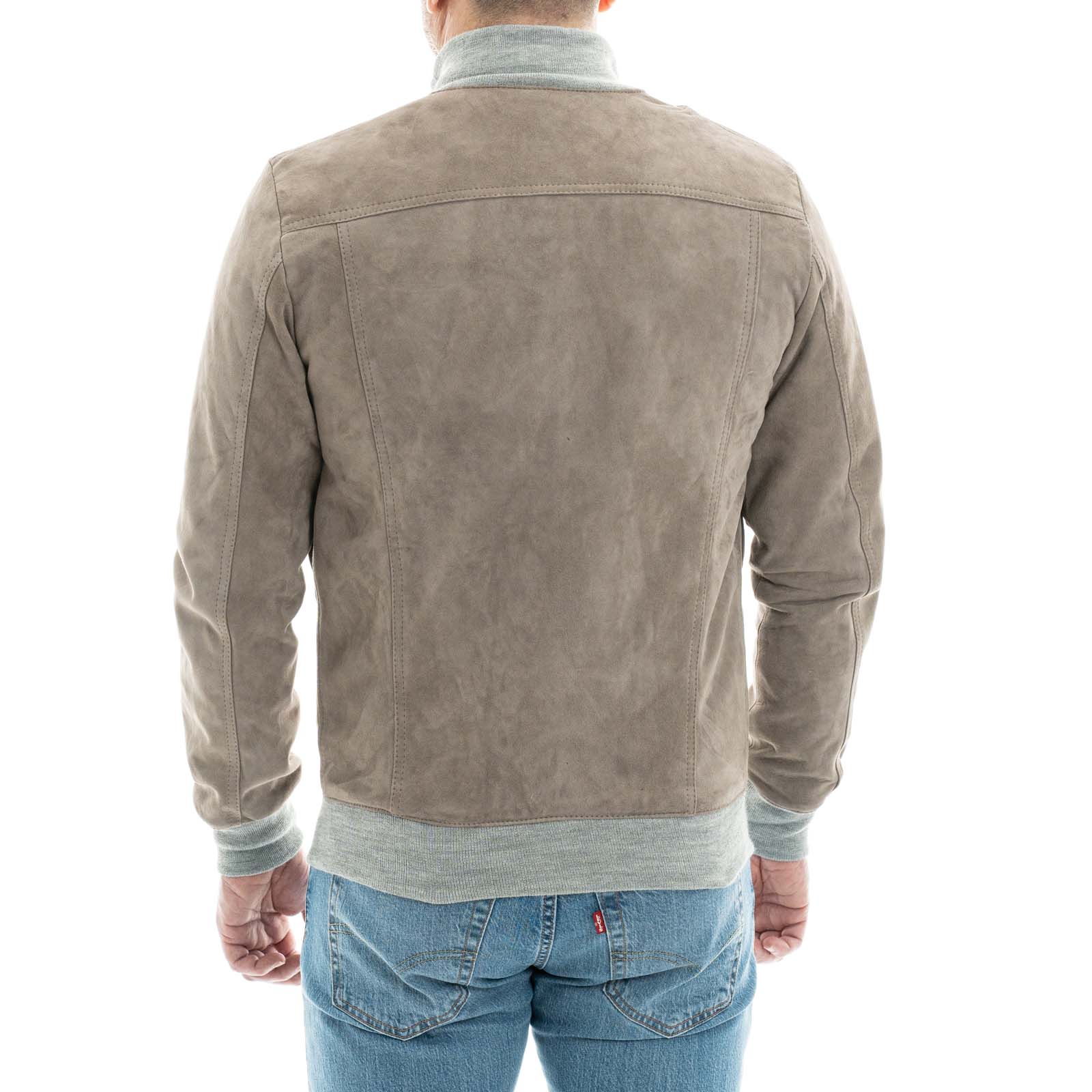 Giacca Bomber In Vera Pelle Scamosciata Tortora Uomo Slim Con Tasconi Rindway