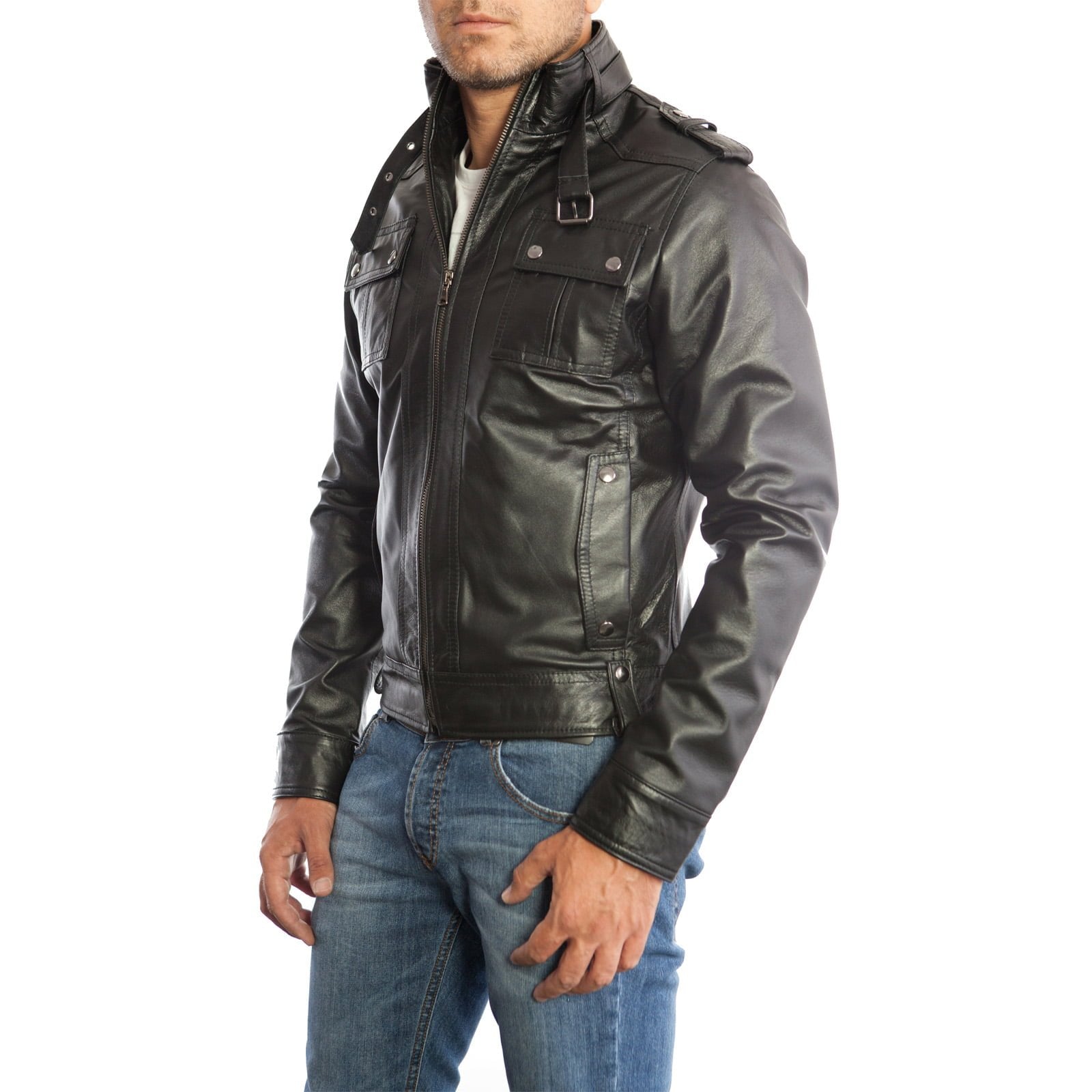 Rindway Men's Black Genuine Leather Biker Jacket Slim Four Pockets Buttons