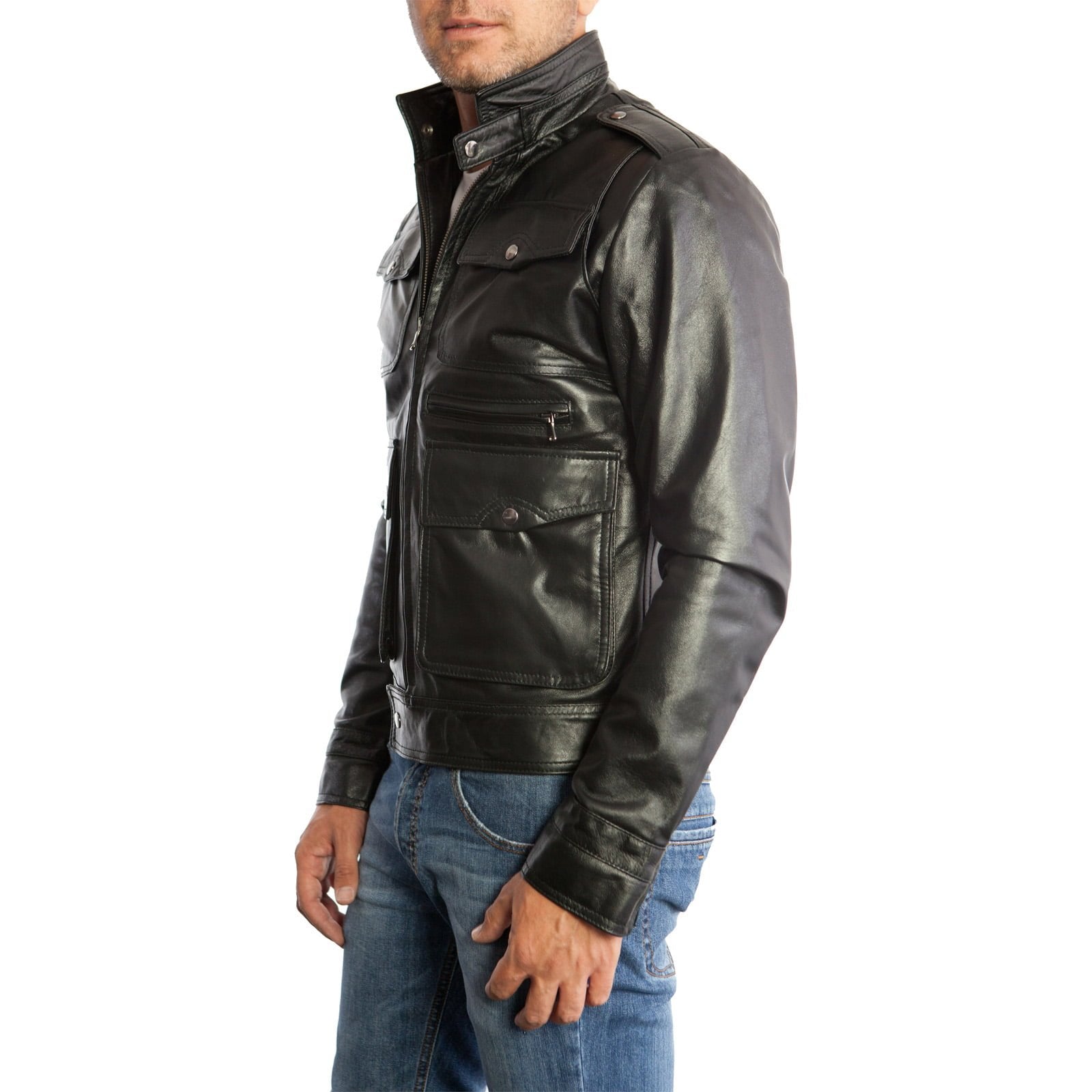 Giacca Biker In Vera Pelle Nera Uomo Slim Con Tasconi Rindway