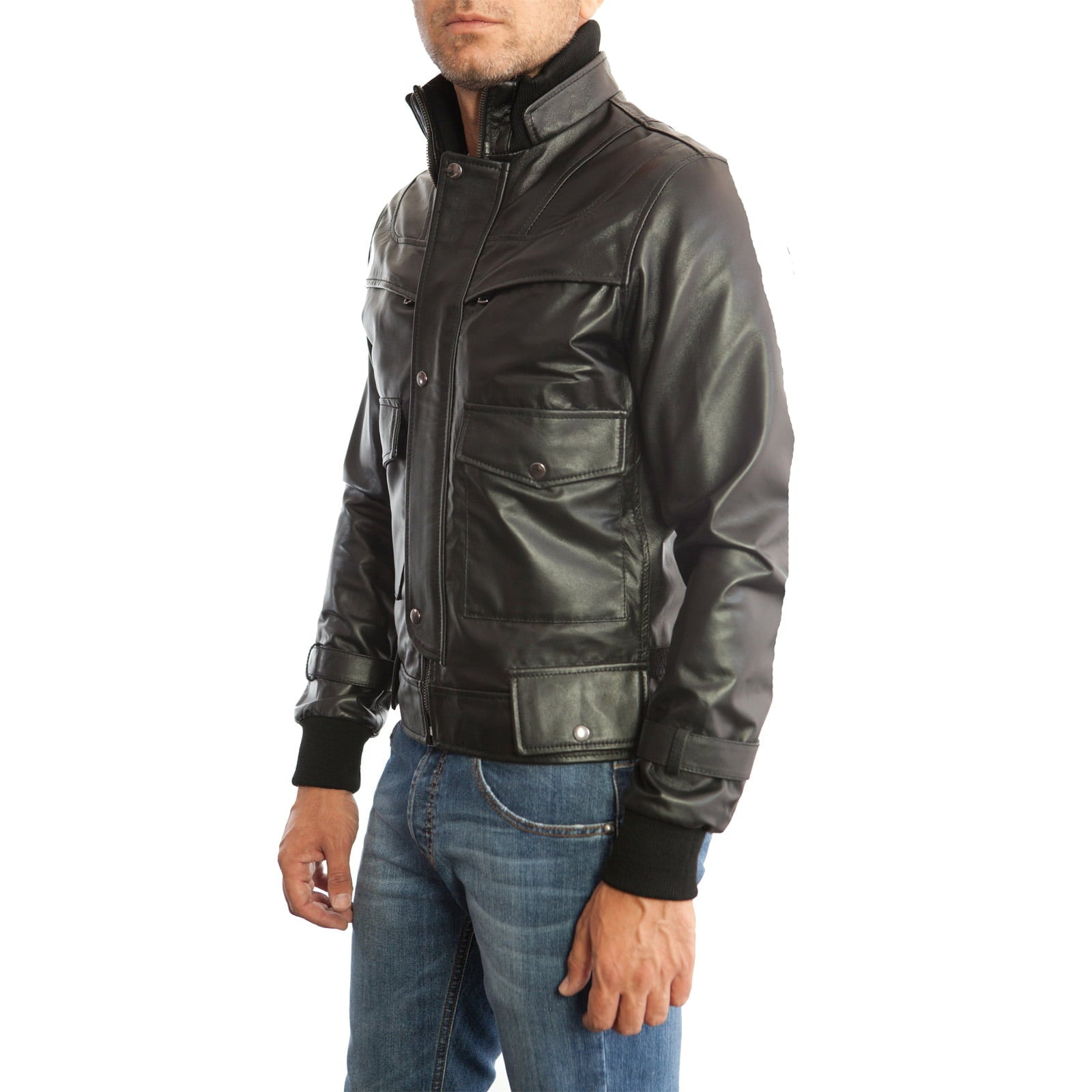 Rindway Slim Men's Black Genuine Leather Biker Jacket with Two Covered Front Pockets