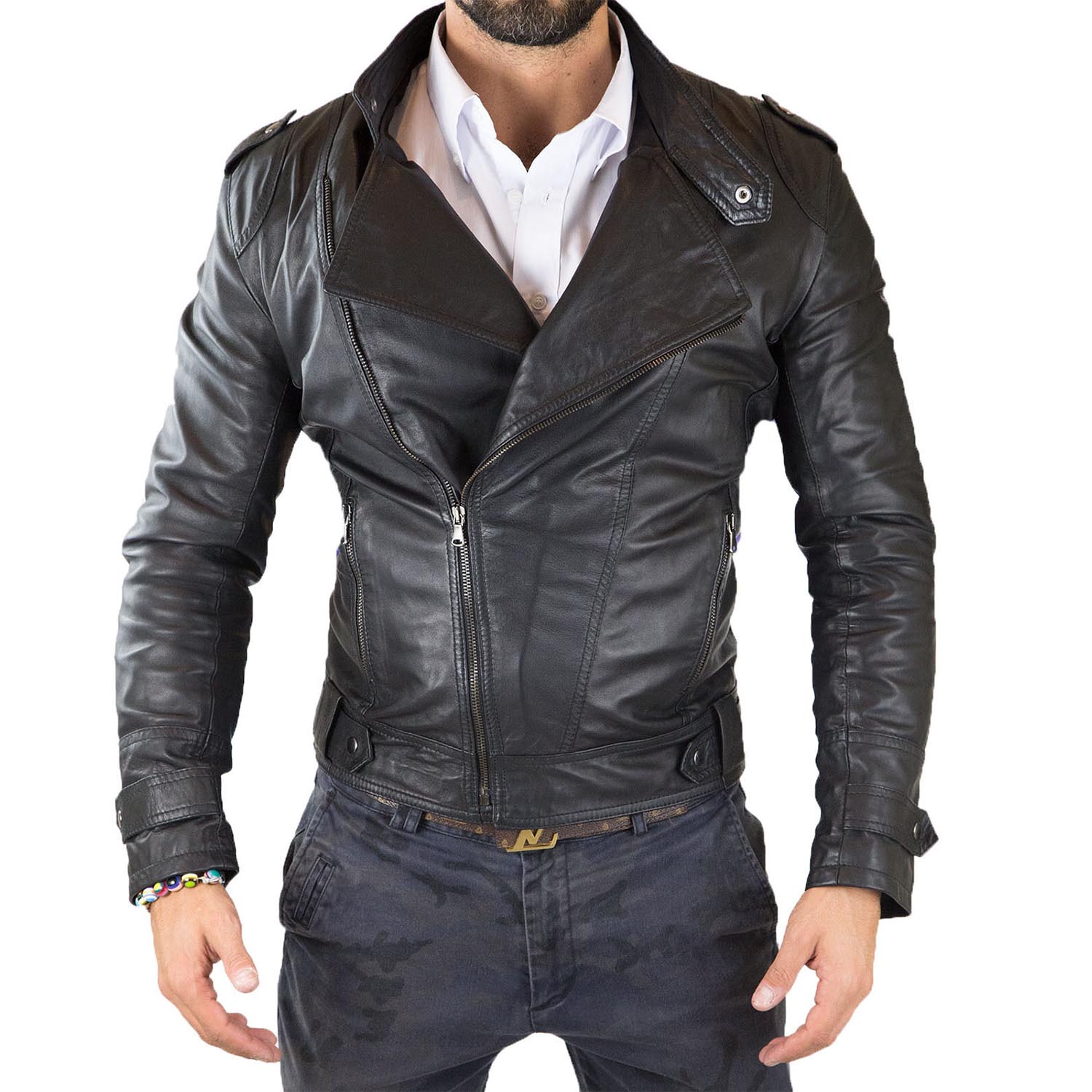 Chiodo Biker In Vera Pelle Nero Uomo Slim Collo Coreana Con Bottone Rindway