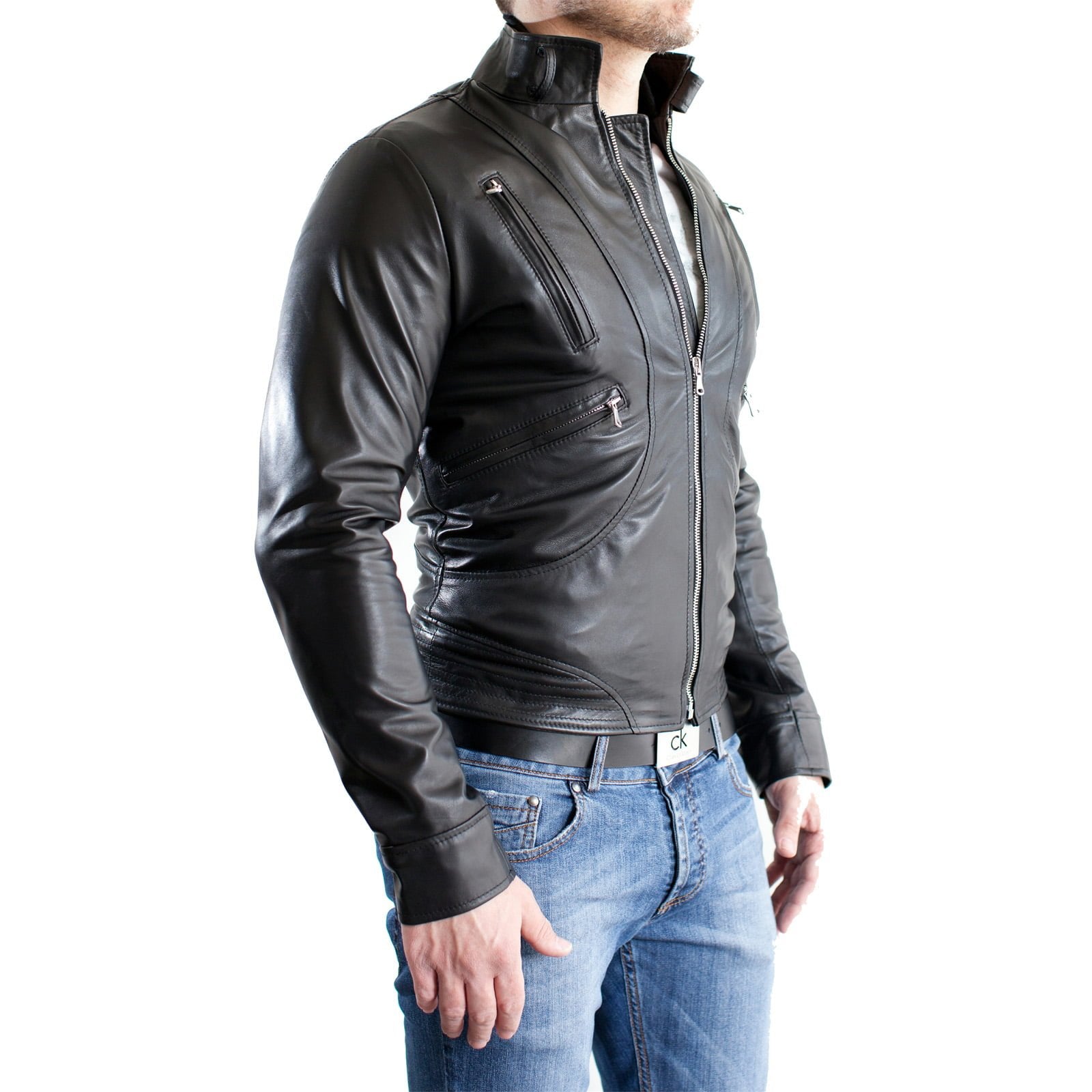 Men's Genuine Leather Jacket Slim Button Neck Accessories Silver Rindway