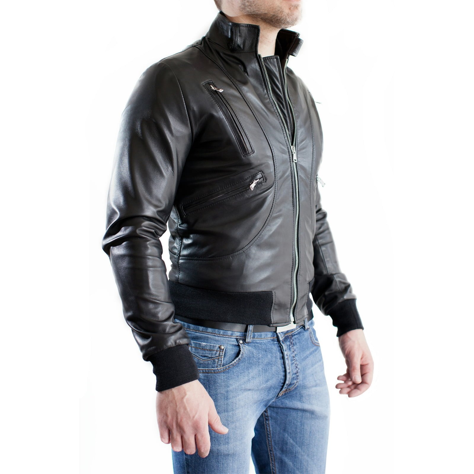 Bomber Jacket Real Black Leather Men With Button Collar Silver Details Rindway