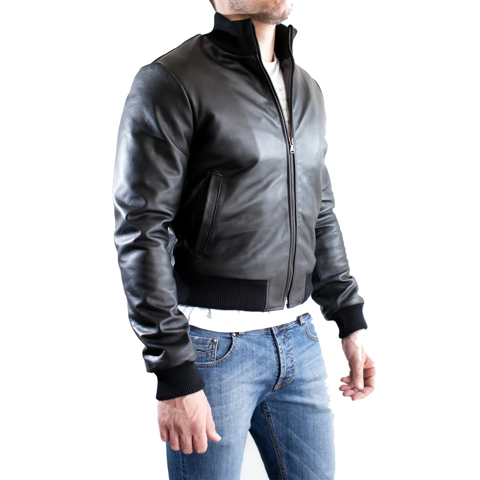 Bomber Giubbotto In Vera Pelle Uomo Slim Collo e Polsi In Lana Outlet Rindway