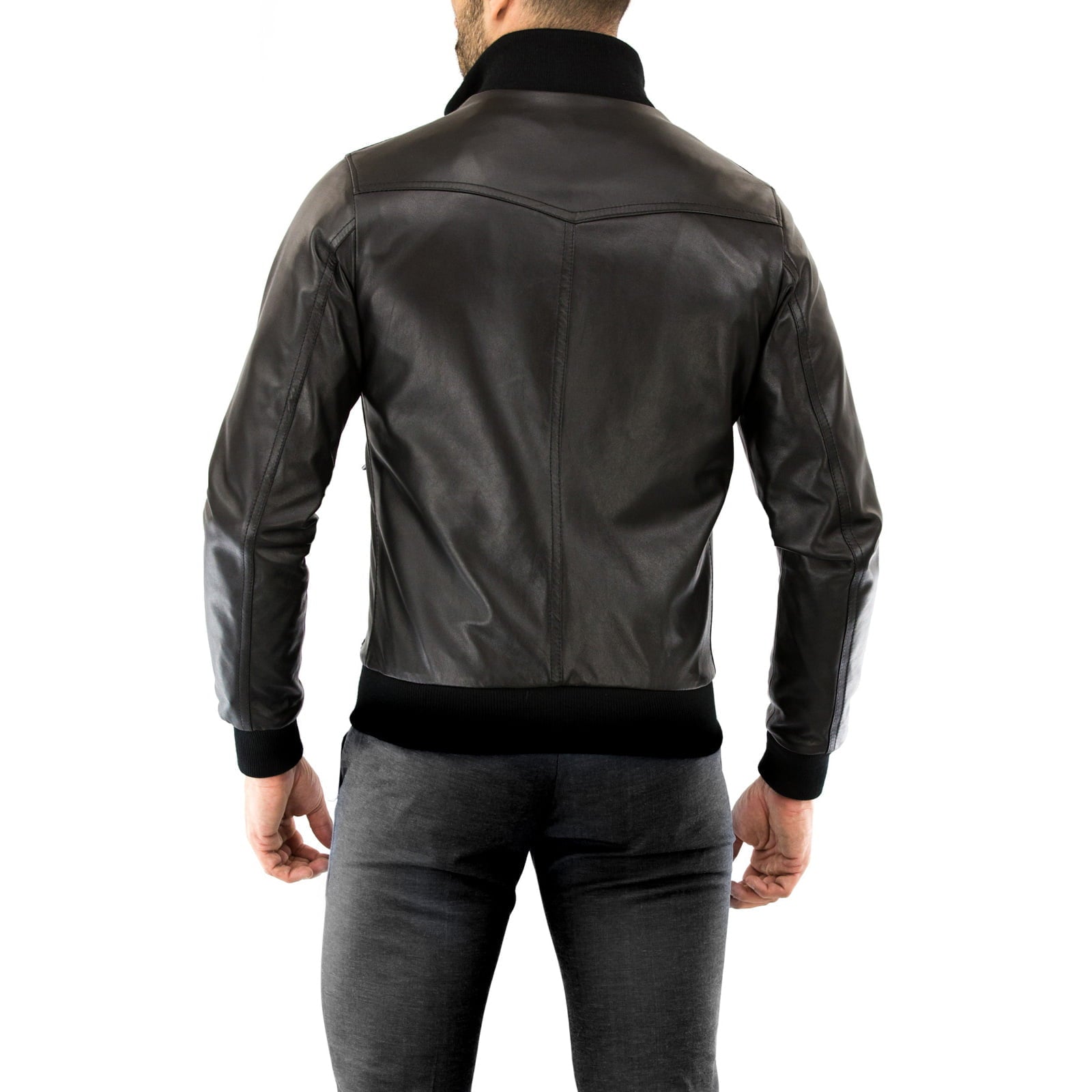 Men's Brown Genuine Leather Bomber Jacket with Rindway Front Beams