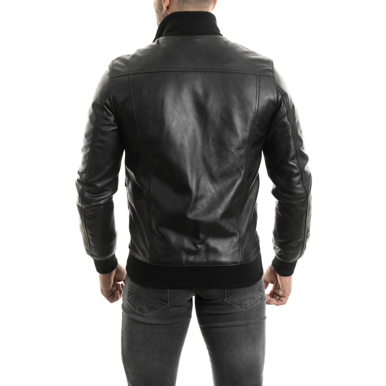 Bomber Giubbotto In Vera Pelle Nero Uomo Slim Con Tasconi Rindway