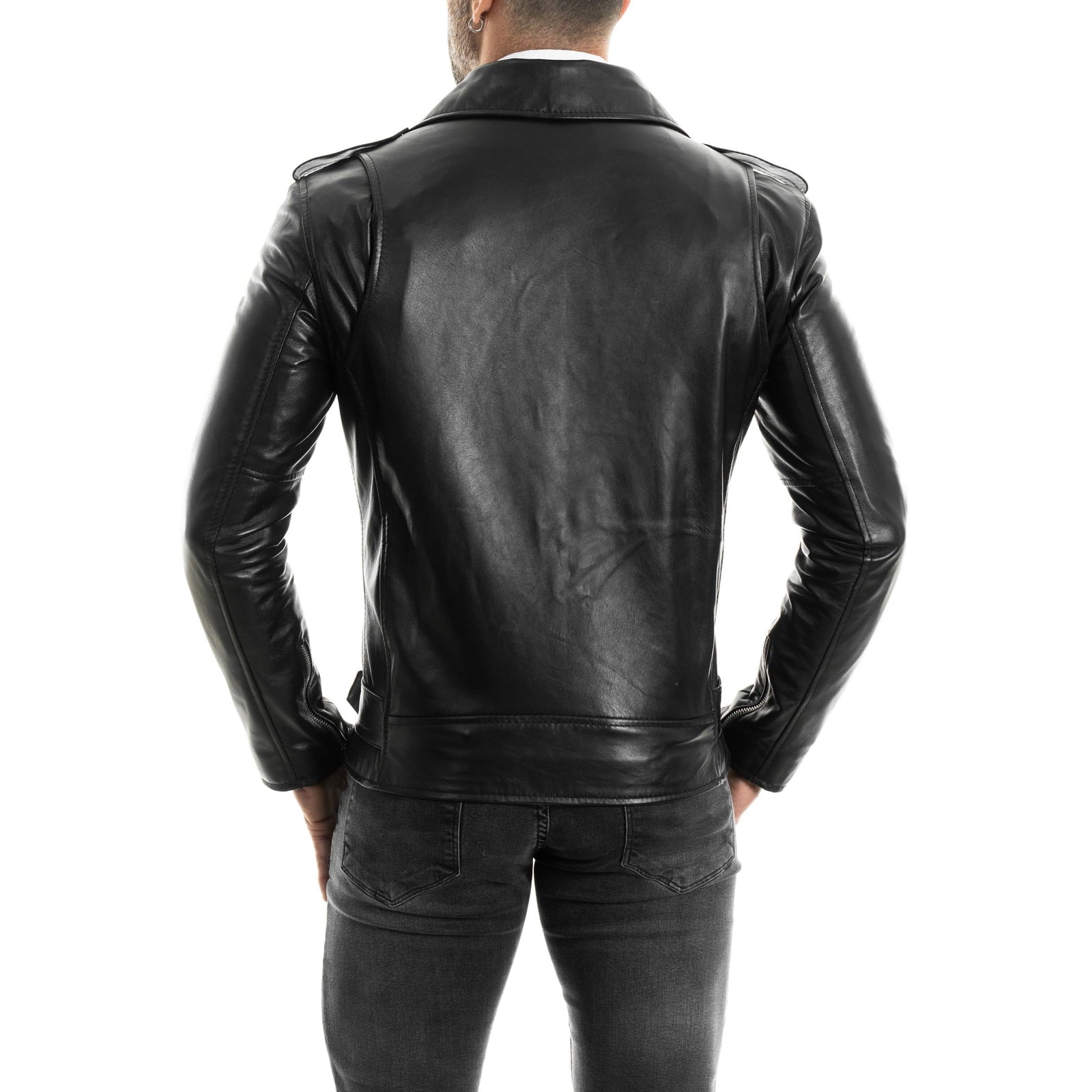 Men's Slim Fit Black Genuine Leather Biker Jacket Front Pocket Rindway