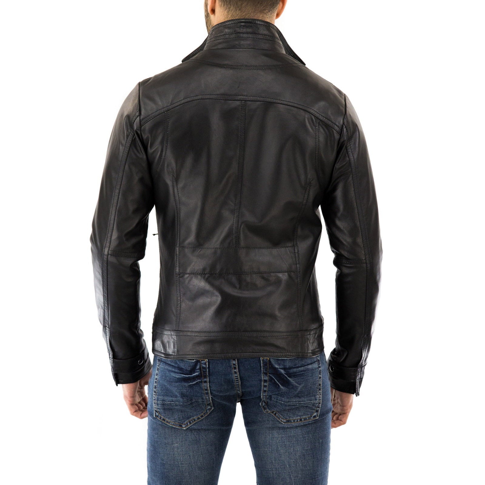 Giacca Biker In Vera Pelle Marrone Uomo Slim Con Cuciture Petto Rindway