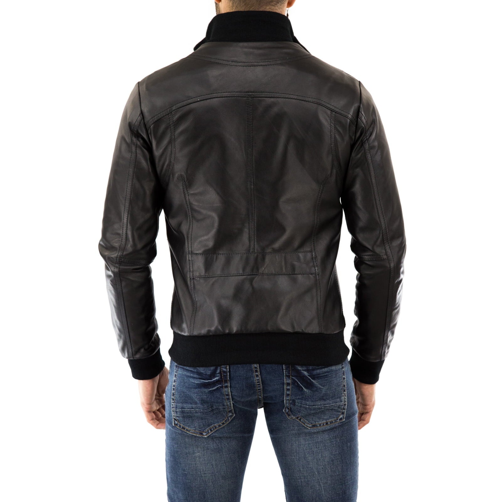 Men's Blue Genuine Leather Bomber Jacket with Rindway Embroidery on the Chest