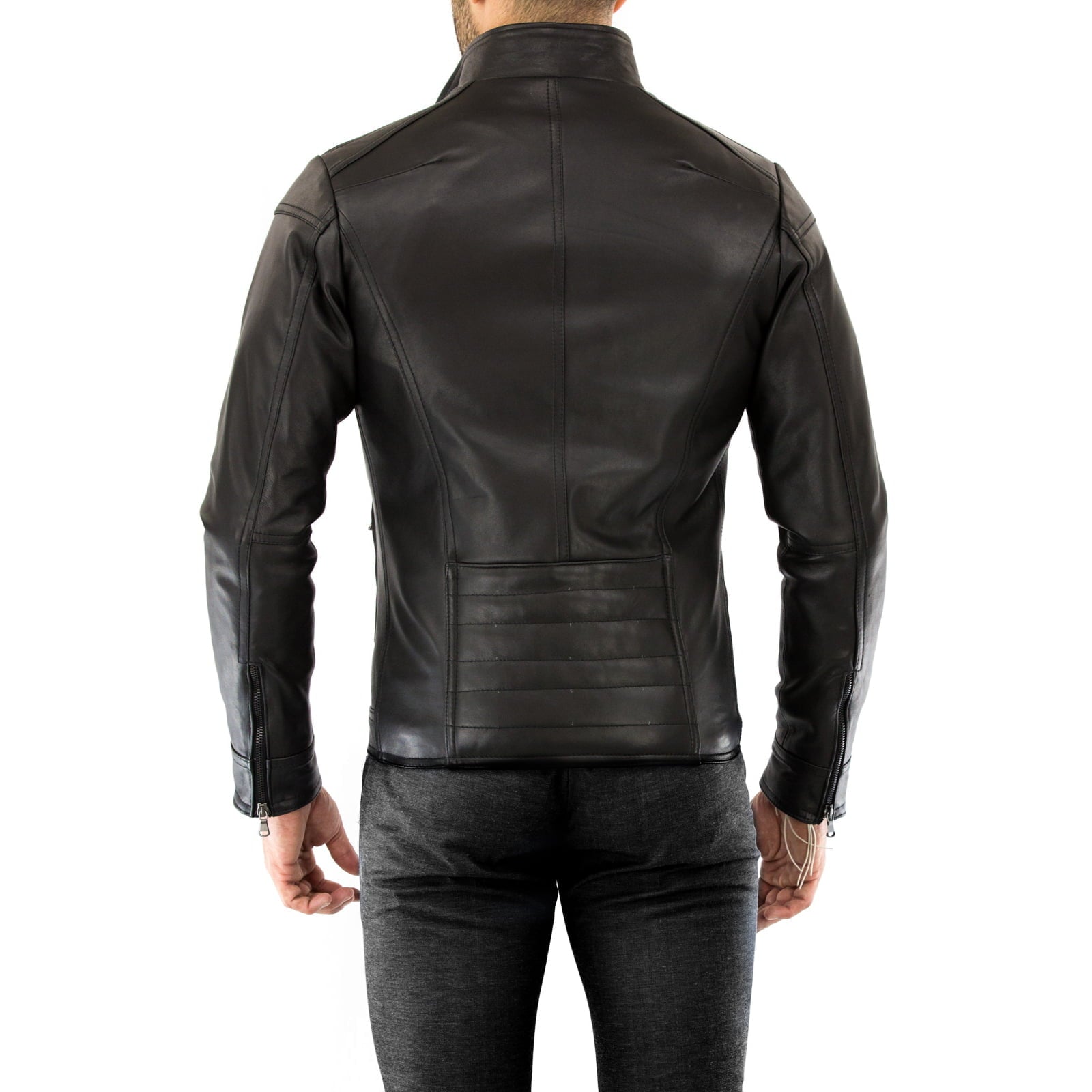 Slim Men's Blue Genuine Leather Biker Jacket With Rindway Back Lines