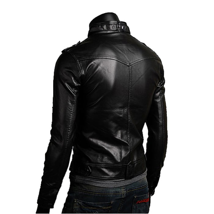 Rindway Men's Black Genuine Leather Biker Jacket Slim Front Pockets Buttons