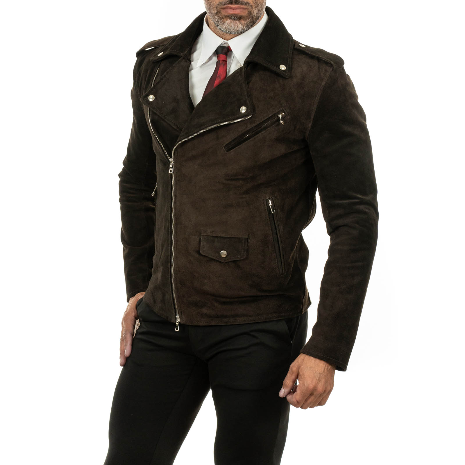 Slim Men's Biker Jacket in Genuine Brown Suede Leather with Rindway Belt