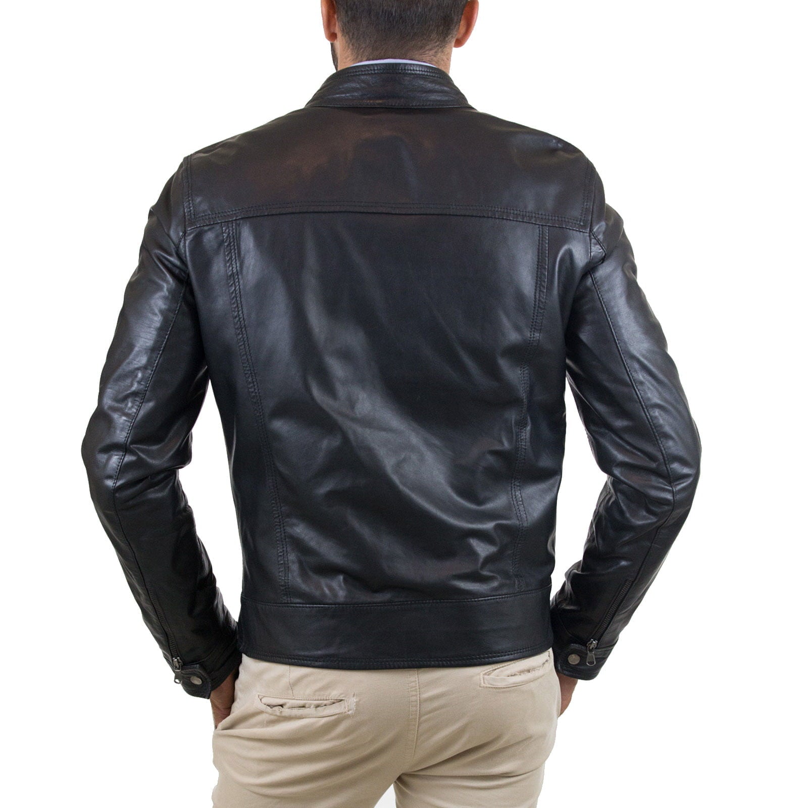 Giacca Biker In Vera Pelle Marrone Uomo Slim Cerniera Fino Al Collo Outlet Rindway