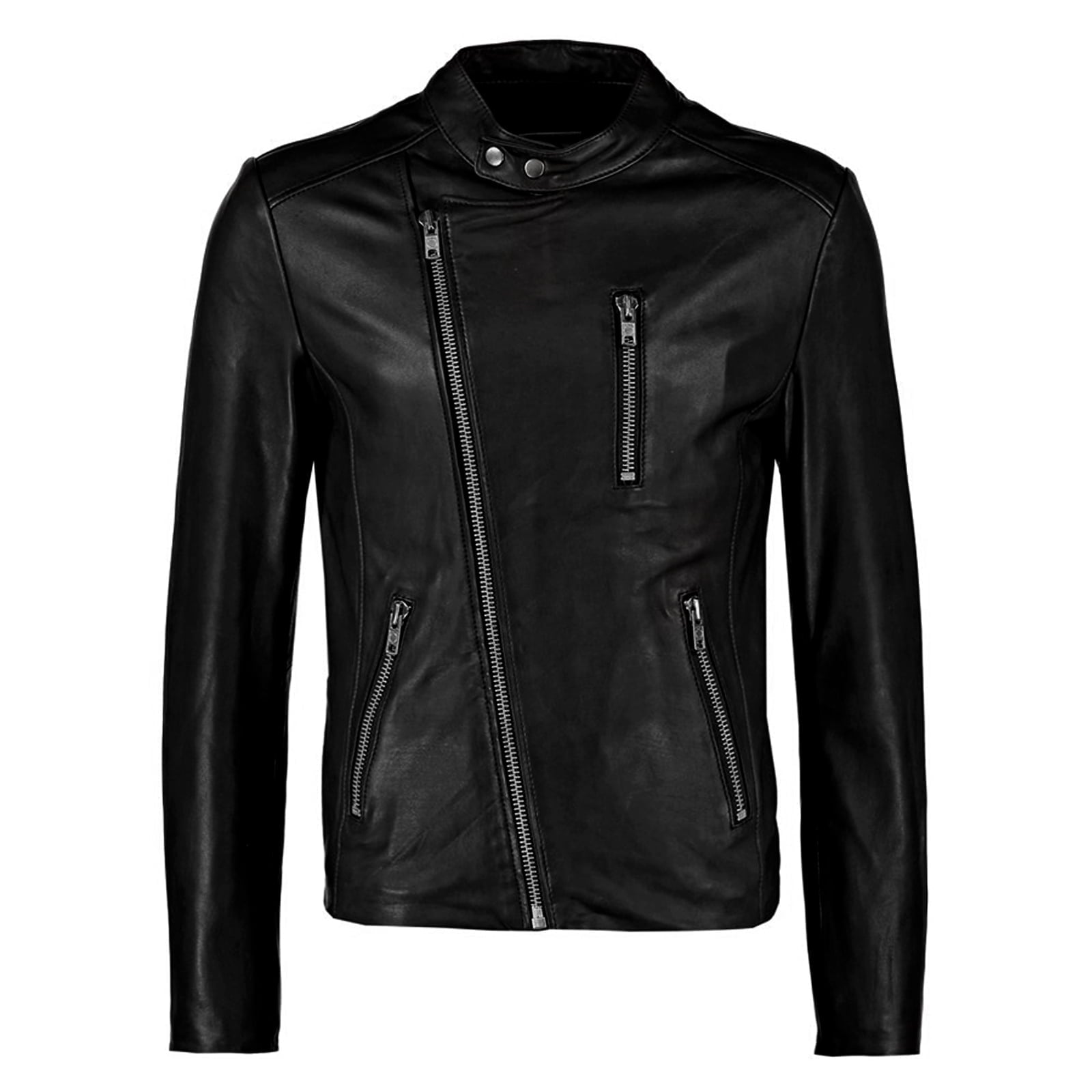 Men's Biker Jacket In Genuine Black Leather Slim Collar With Rindway Buttons