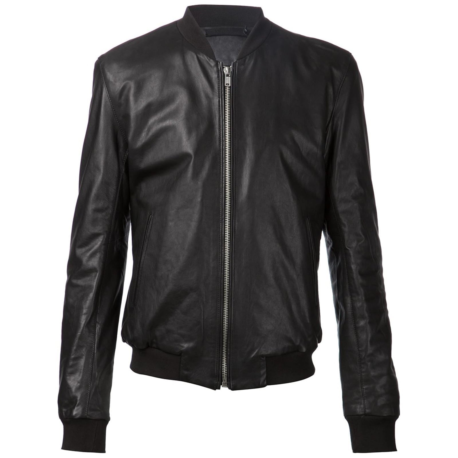 Rindway Men's Black Genuine Leather Bomber Jacket with Low College Collar