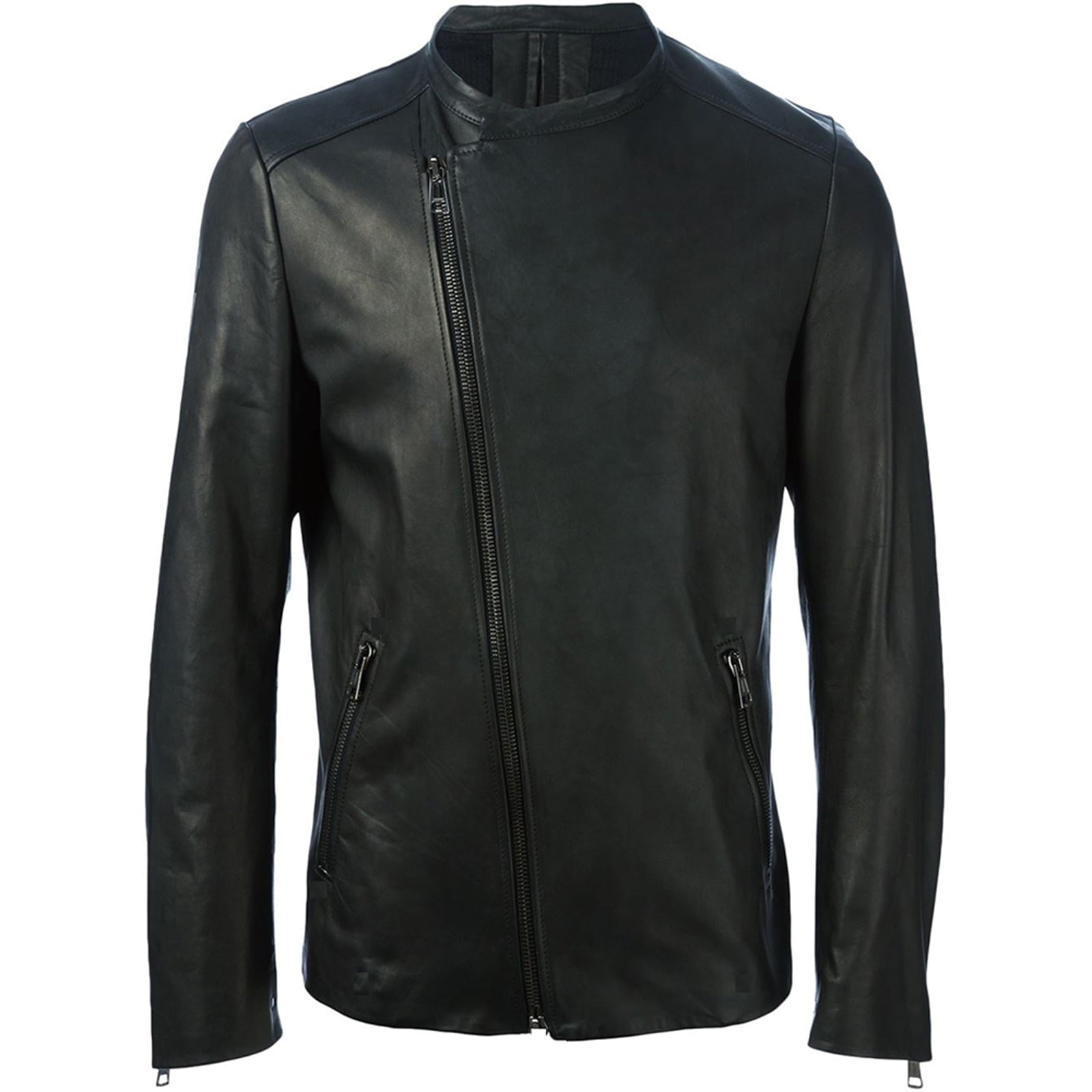 Rindway Slim Men's Biker Jacket in Genuine Leather Black Mandarin Collar