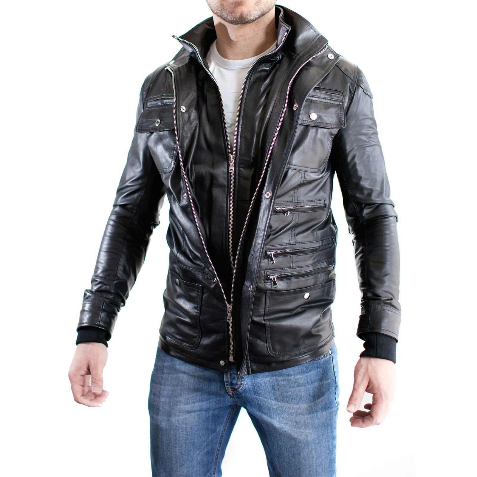 Giacca Biker In Vera Pelle Uomo Slim Multitasche Rindway