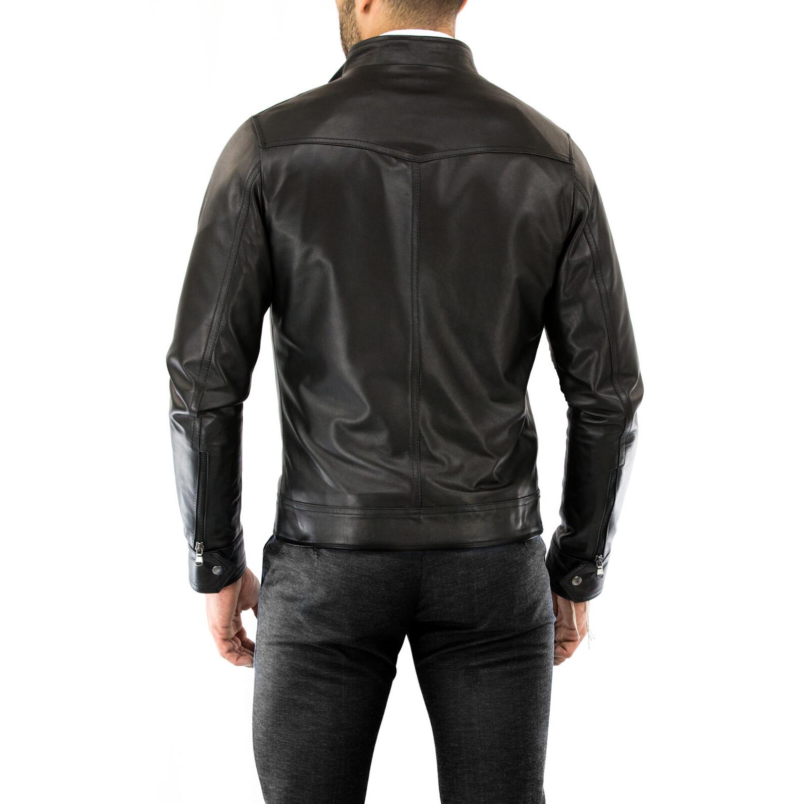 Rindway Men's Slim Brown Genuine Leather Biker Jacket with Front Bands