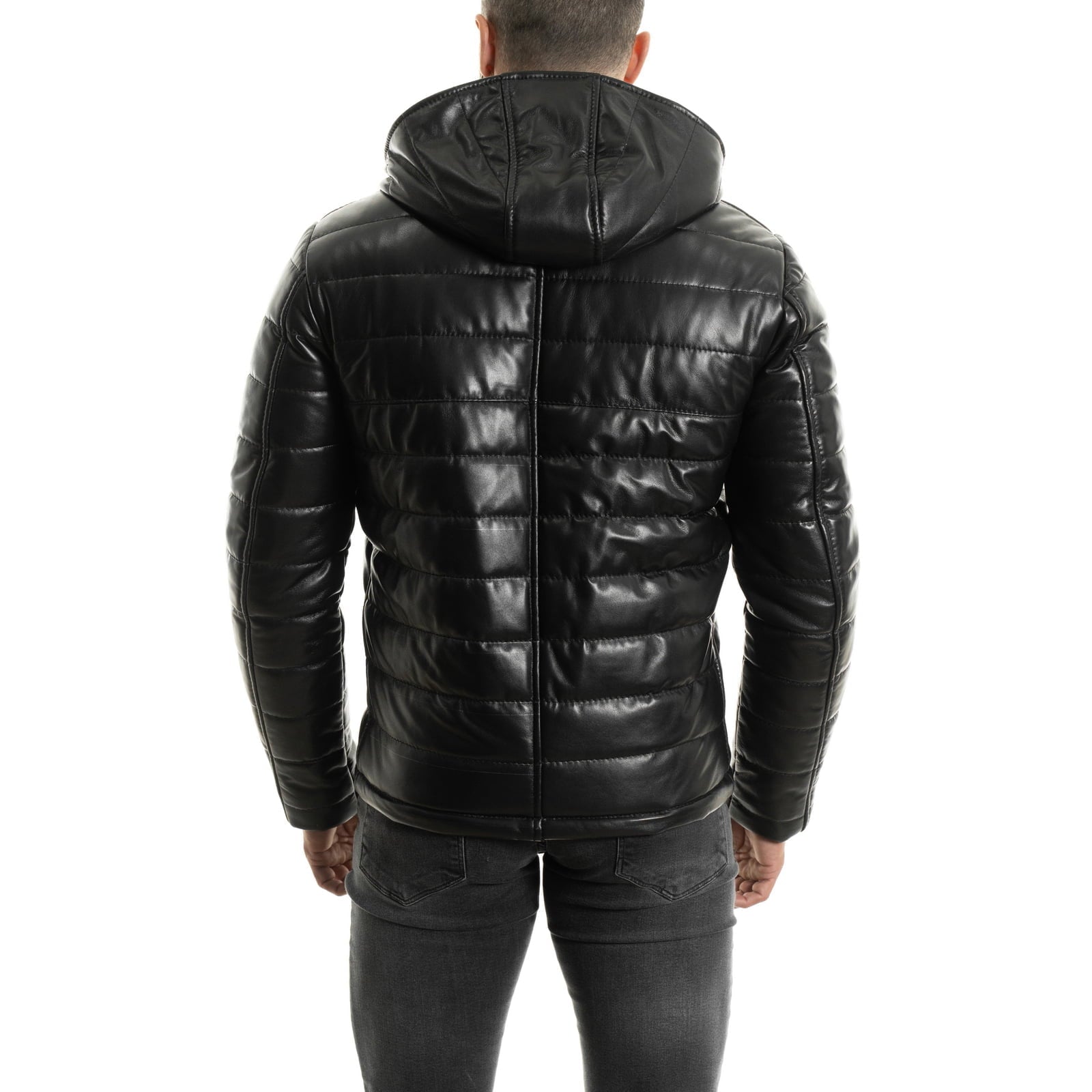 Men's Genuine Leather Down Jacket Slim Narrow Lines With Fixed Hood Rindway