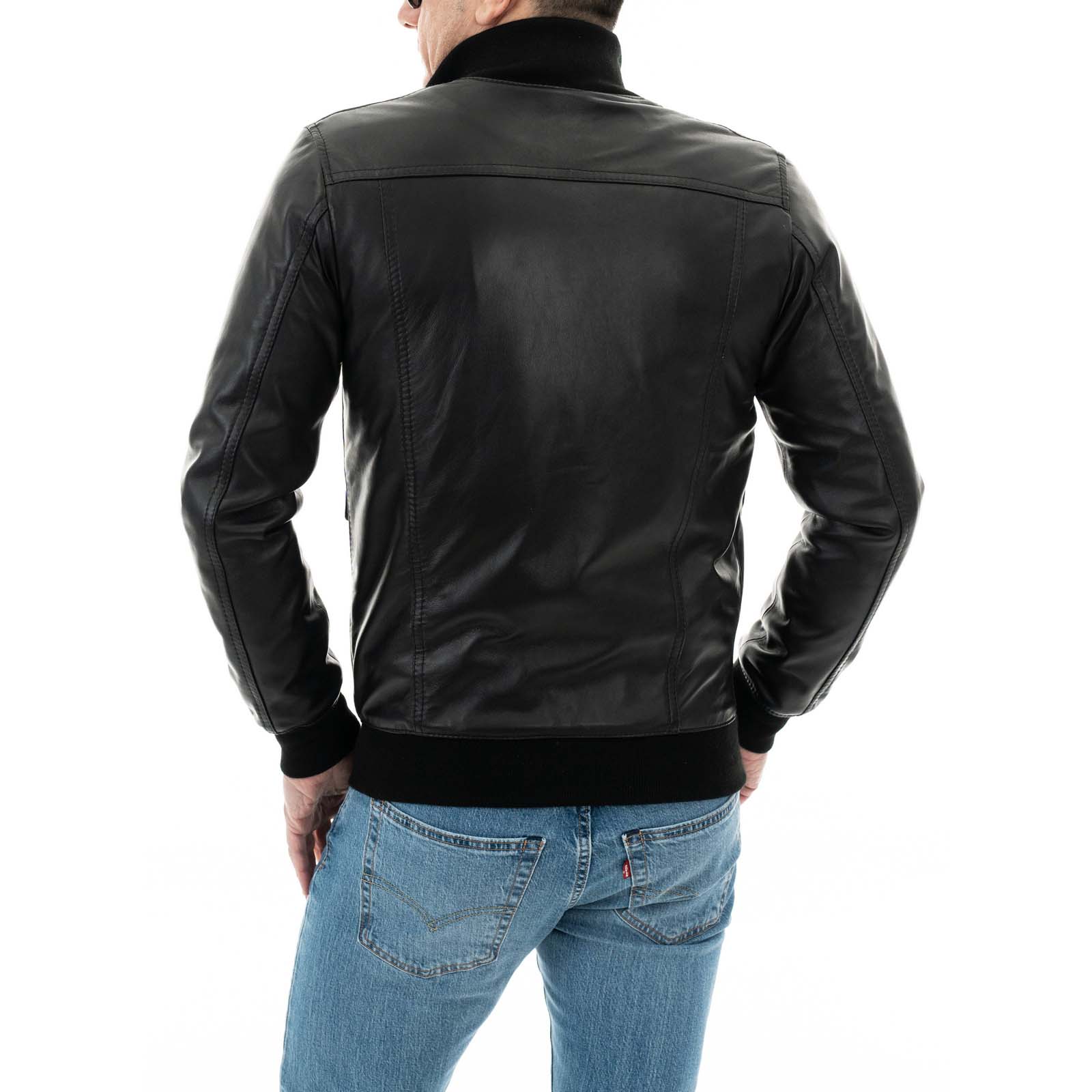 Slim Men's Bomber Jacket With Buttons In Genuine Leather Black With Big Pockets Rindway Outlet