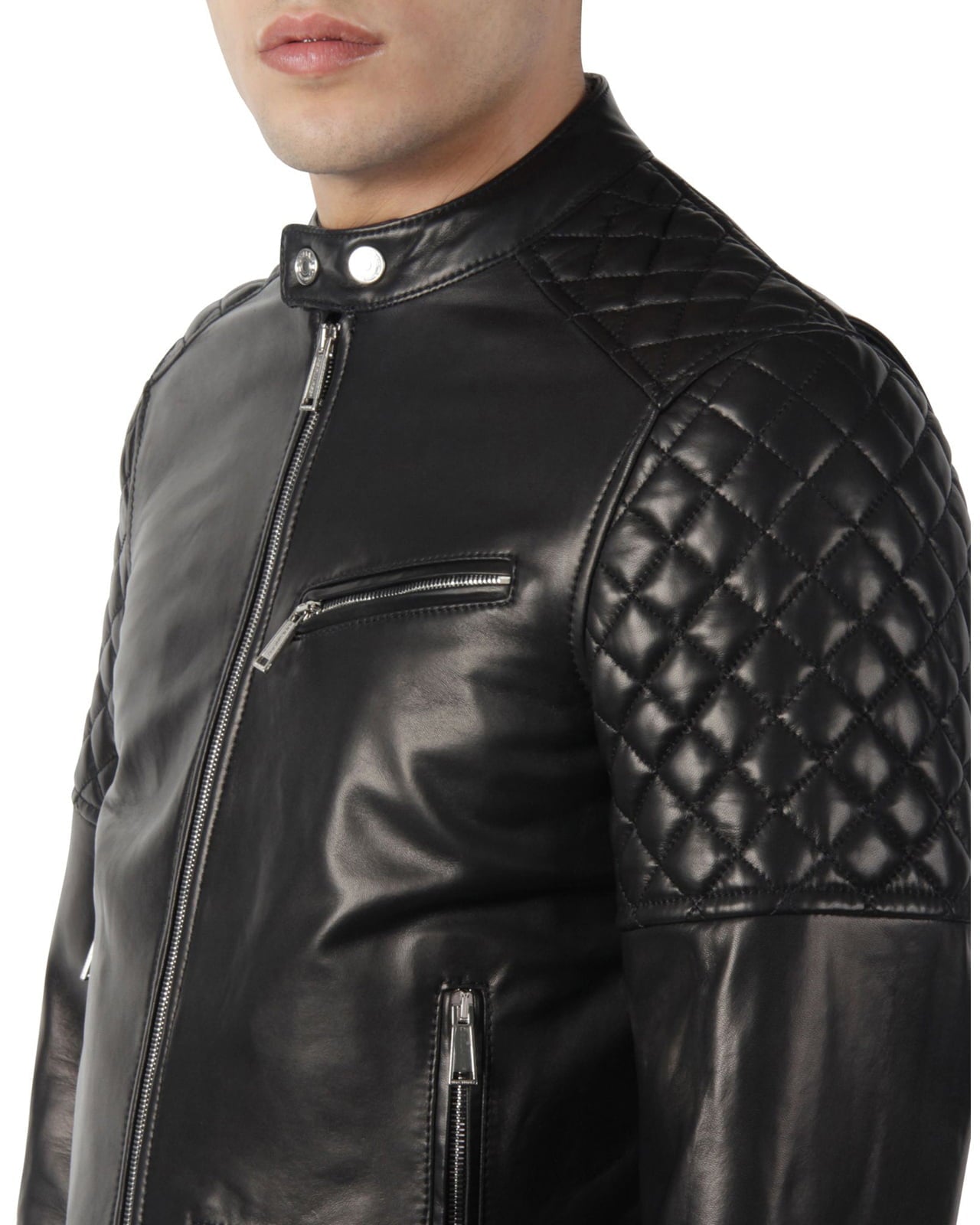 Rindway Men's Brown Genuine Leather Biker Jacket with Diamonds Arms and Shoulders