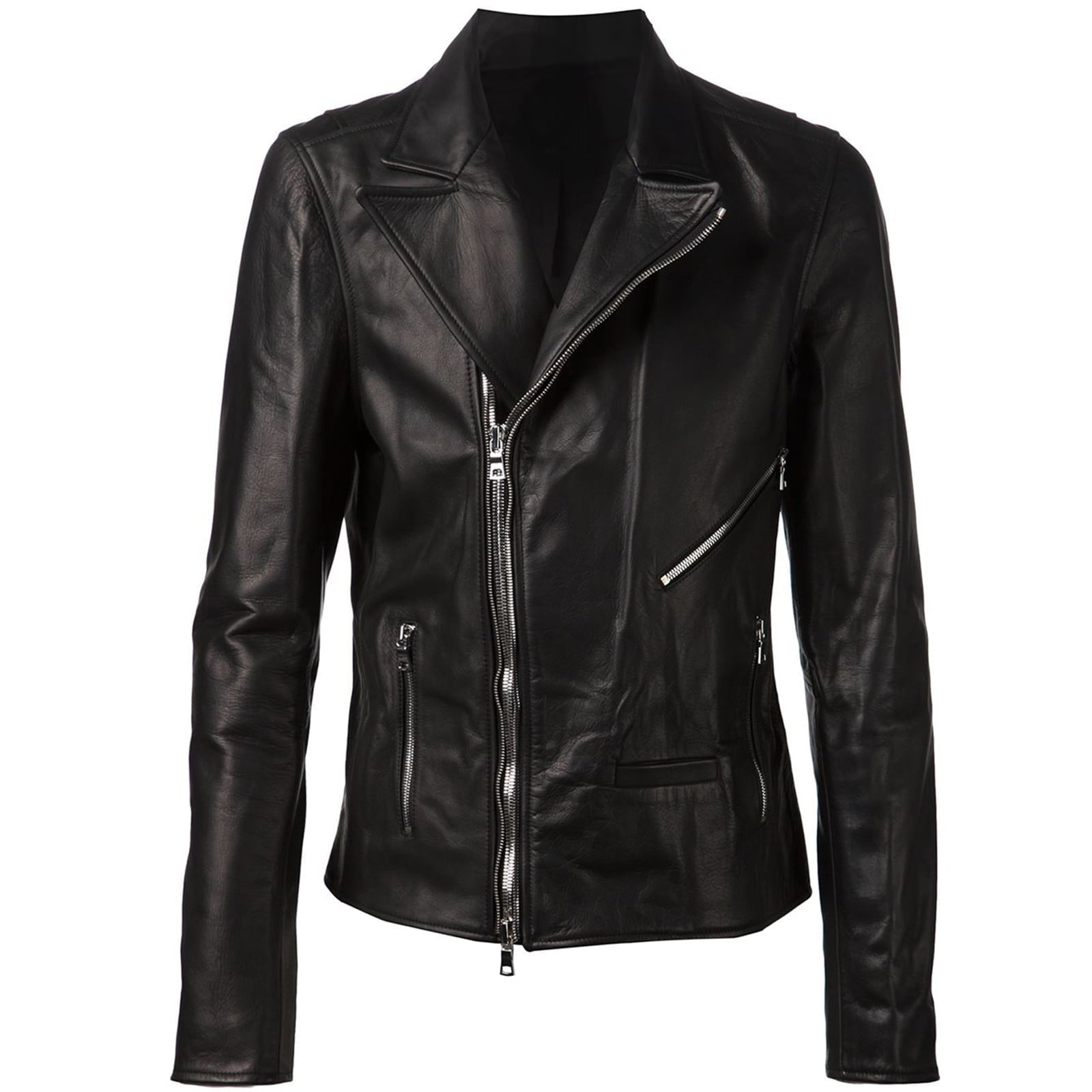 Slim Men's Black Genuine Leather Biker Jacket With Reduced Reverse Rindway