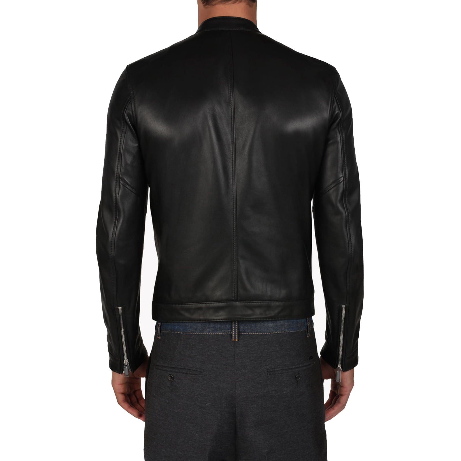 Men's Black Genuine Leather Biker Jacket Rindway Collar Buttons