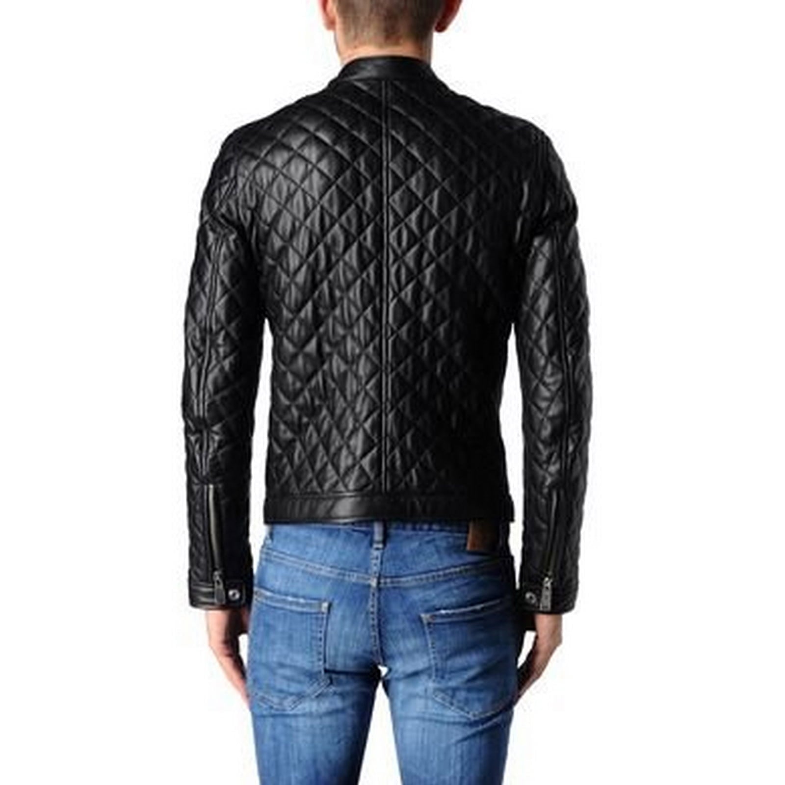 Rindway Diamond Quilted Blue Genuine Leather Biker Jacket for Men