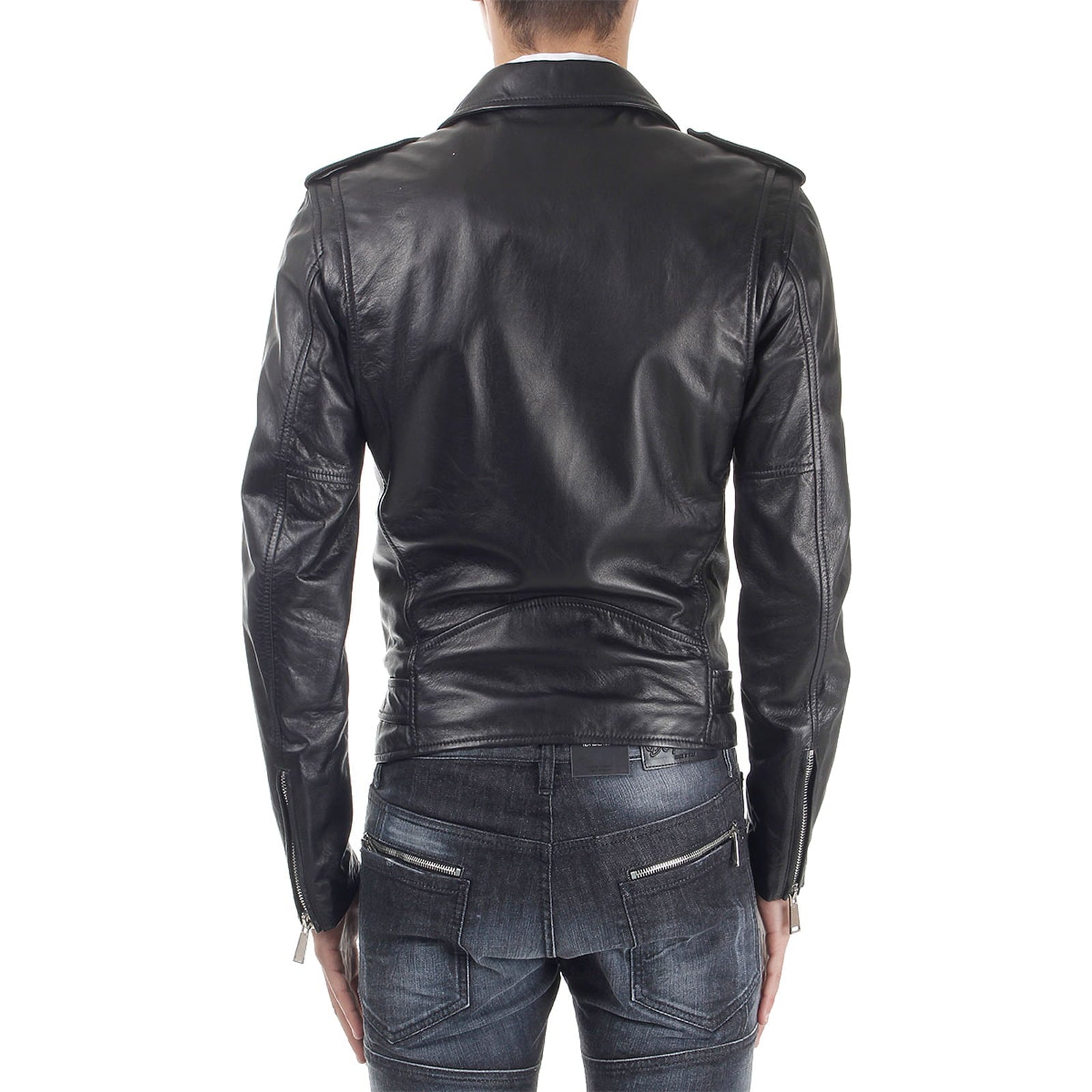 Slim men's biker jacket in genuine brown leather with square Rindway buckle