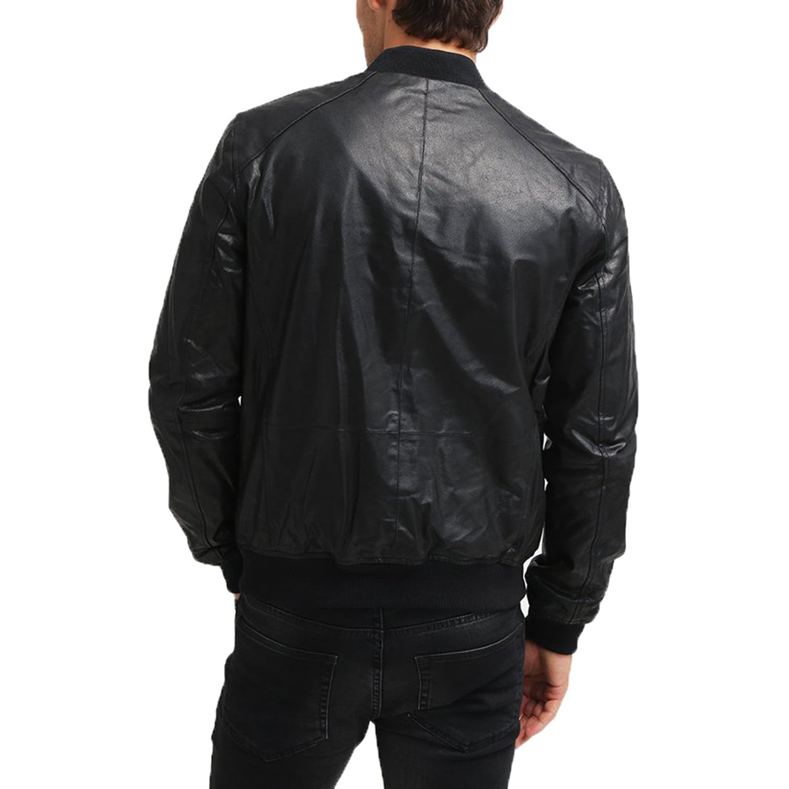 Men's Black Genuine Leather Bomber Jacket Cuts on the Shoulders Rindway Outlet