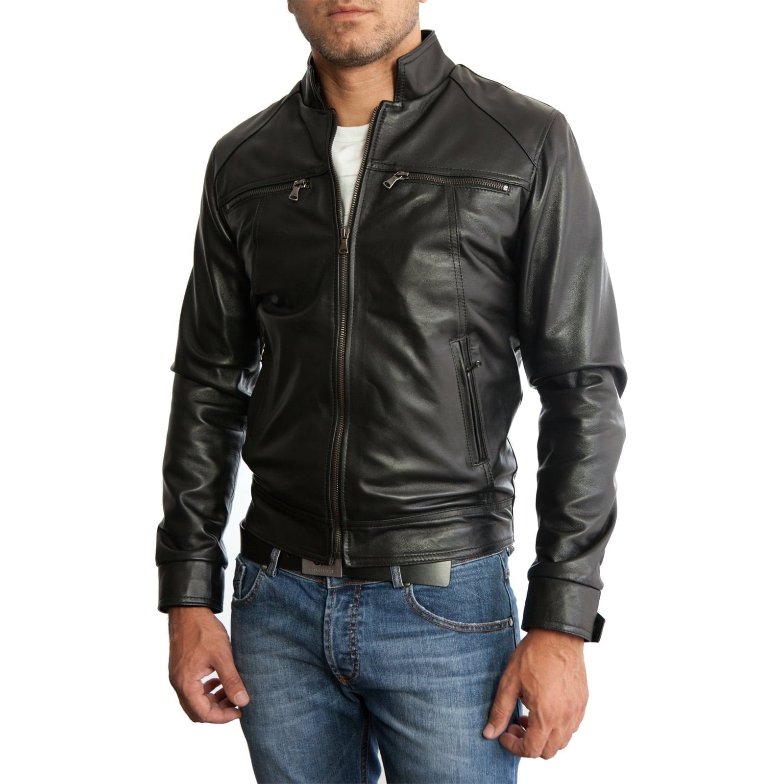 Rindway Slim Men's Brown Genuine Leather Biker Jacket with Four Pockets