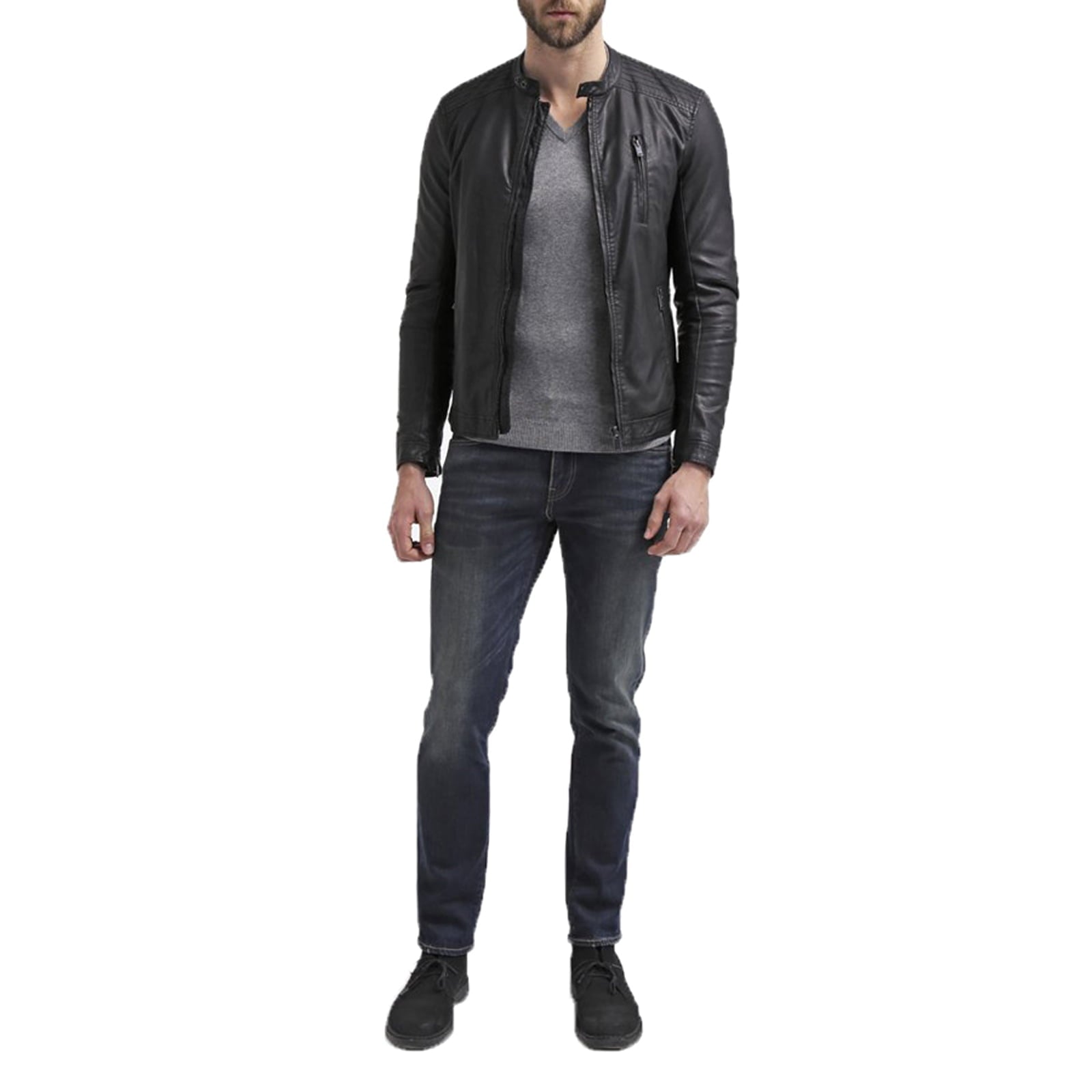 Men's Black Genuine Leather Biker Jacket Lines on the shoulders Wrists Rindway zip