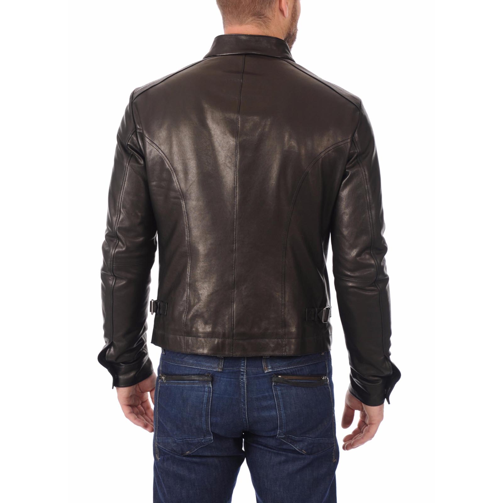 Rindway Men's Blue Genuine Leather Biker Jacket with Four Pockets and Shoulder Lines