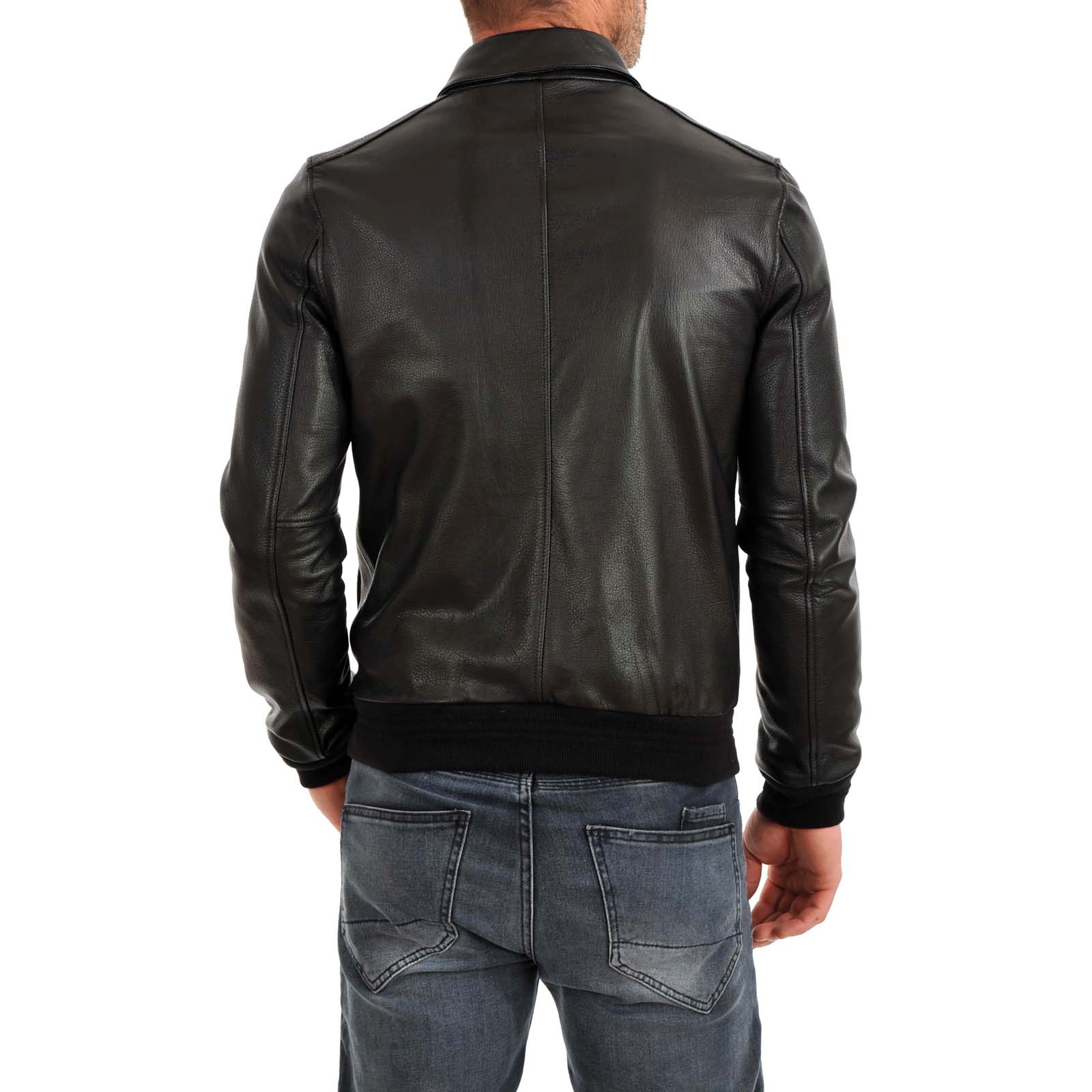 Men's Black Genuine Leather Bomber Jacket with Rindway Stitching