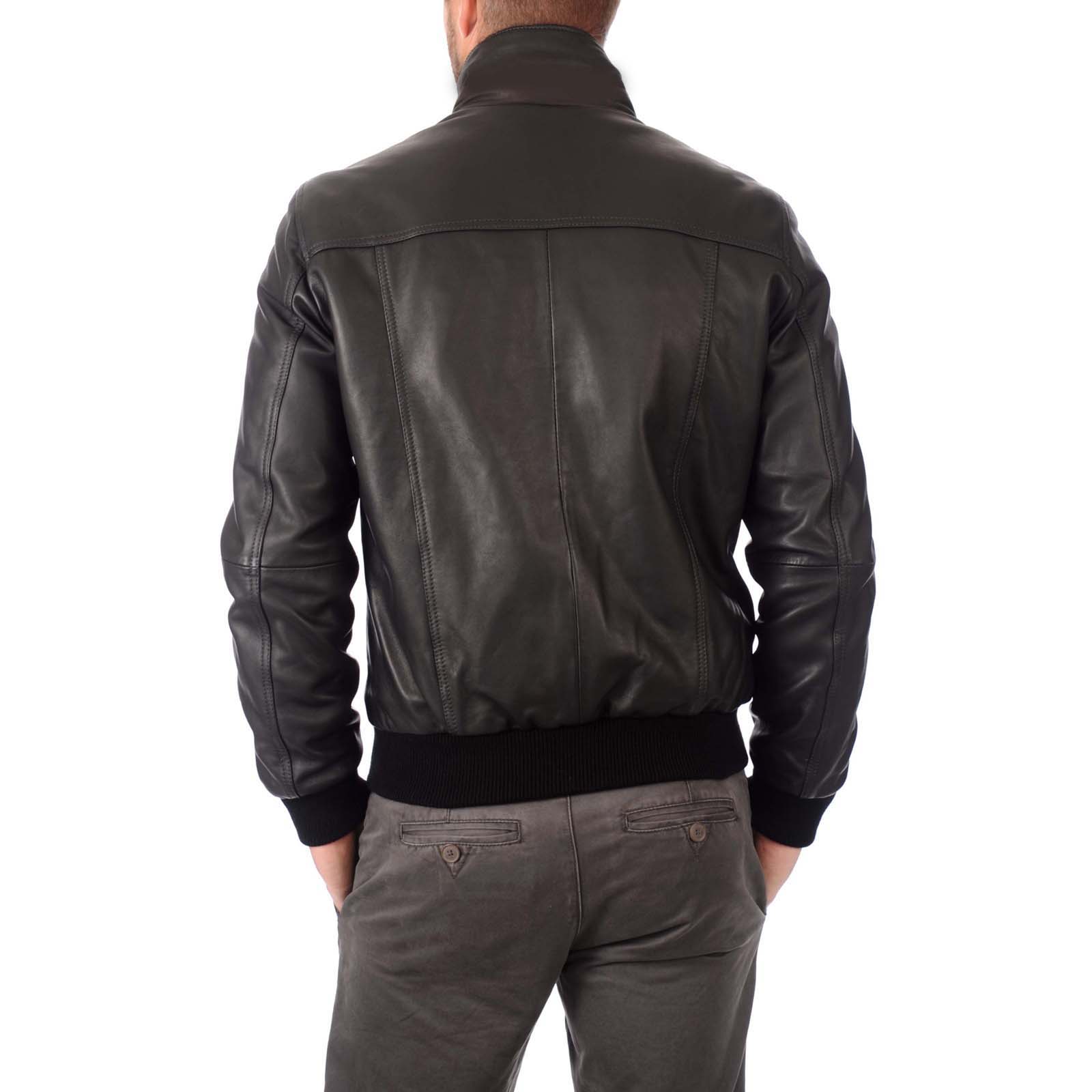 Men's Brown Genuine Leather Bomber Jacket With Rindway Neck Detail