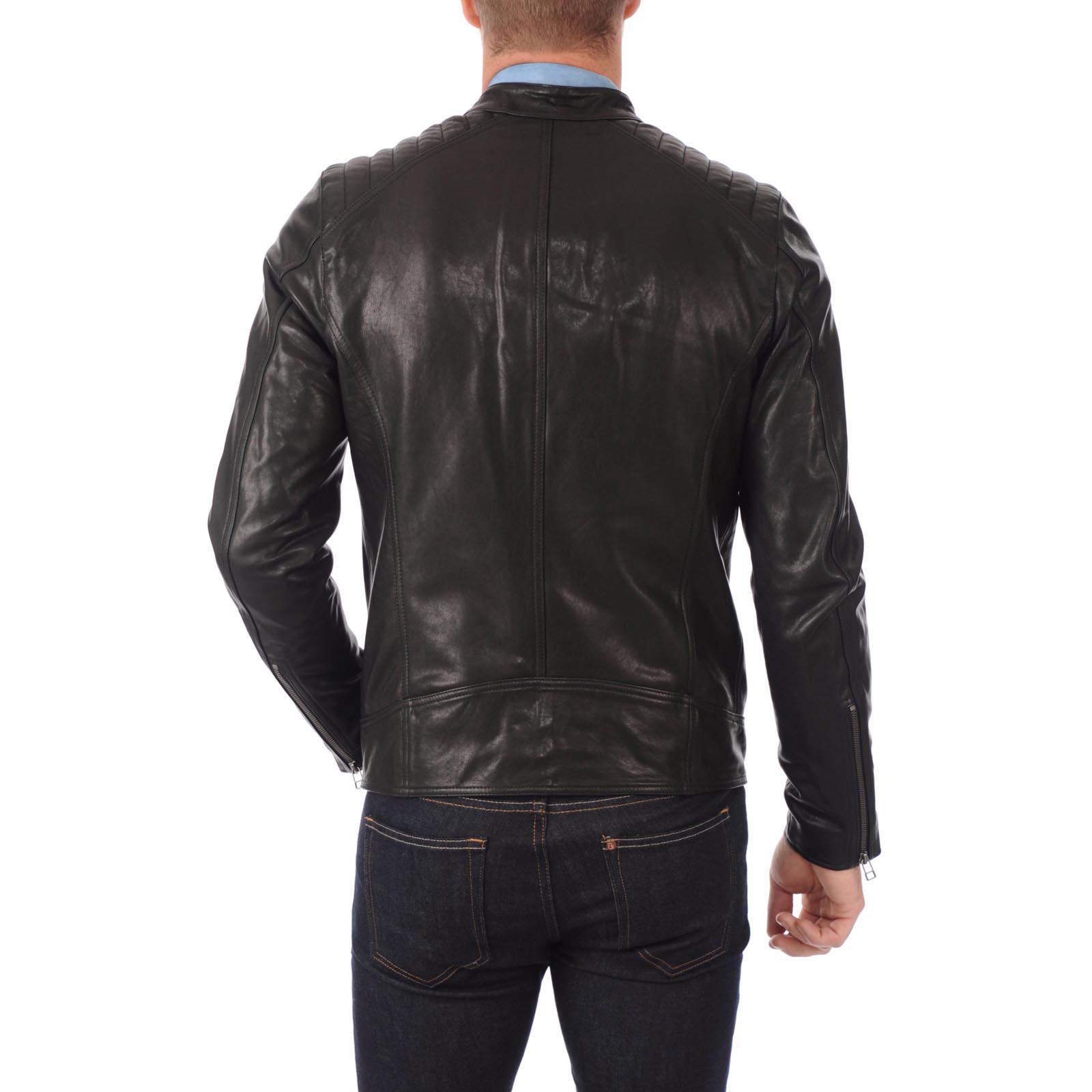 Men's Black Genuine Leather Biker Jacket Lines Shoulders Silver Details Rindway