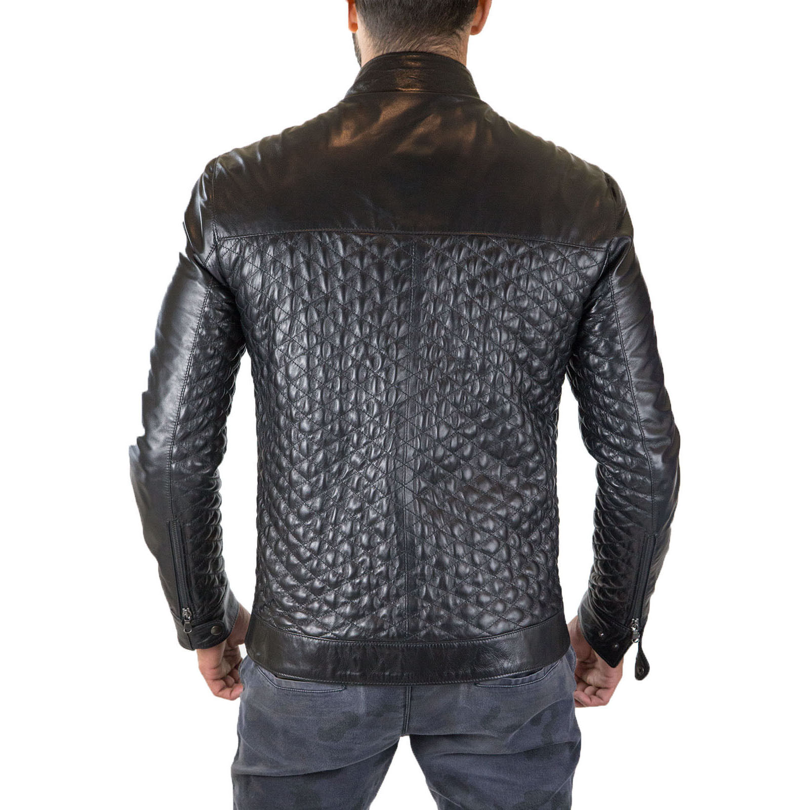 Giacca Biker In Vera Pelle Marrone Uomo Slim Trapuntato Rombi Piccoli Rindway