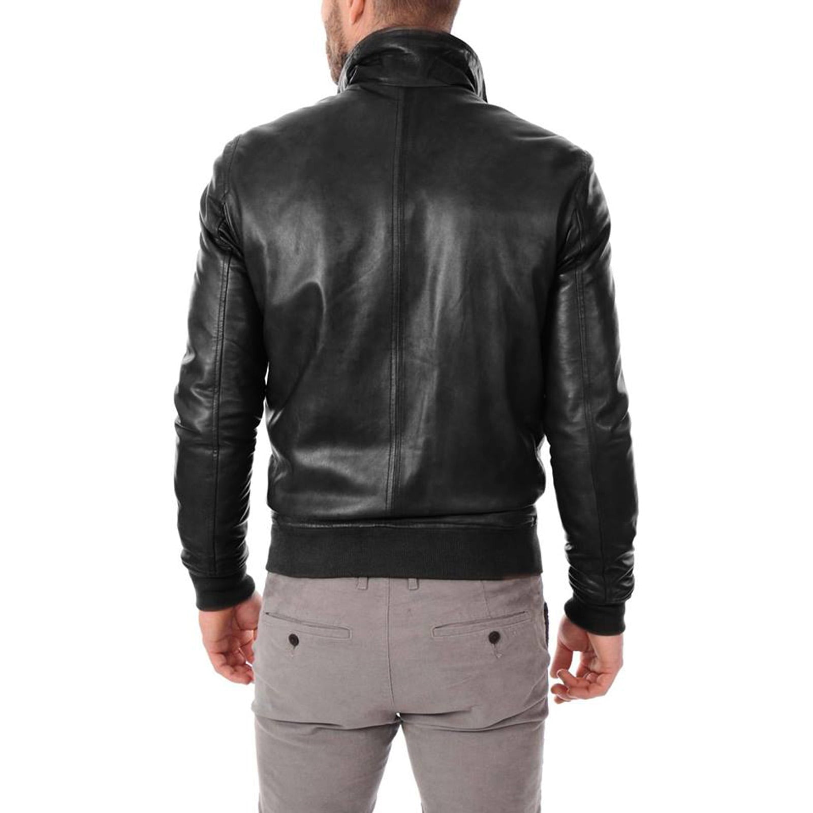 Rindway Men's Black Genuine Leather Bomber Jacket with Open Pockets